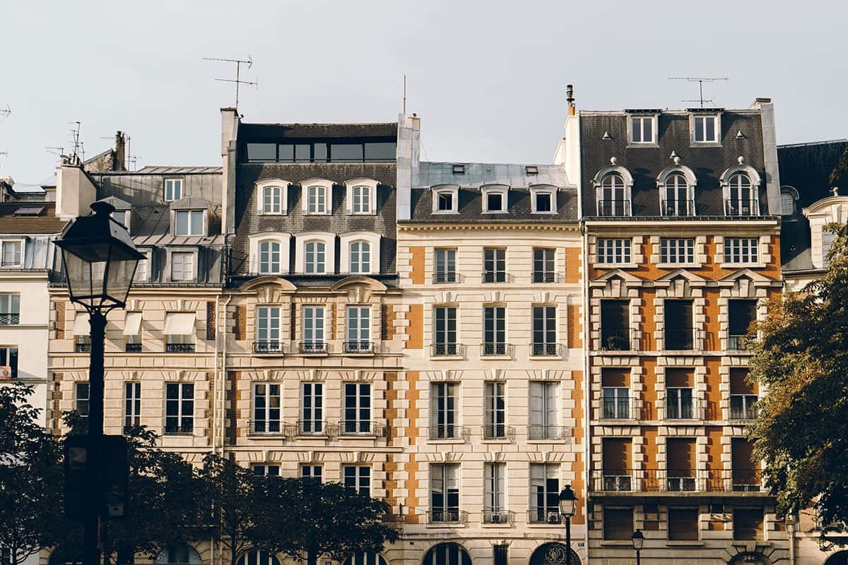 Paris Aesthetic 桌布 壁紙 — 一排優雅的巴黎公寓建築，擁有華麗的外牆和石板屋頂，在柔和的多雲天空下。