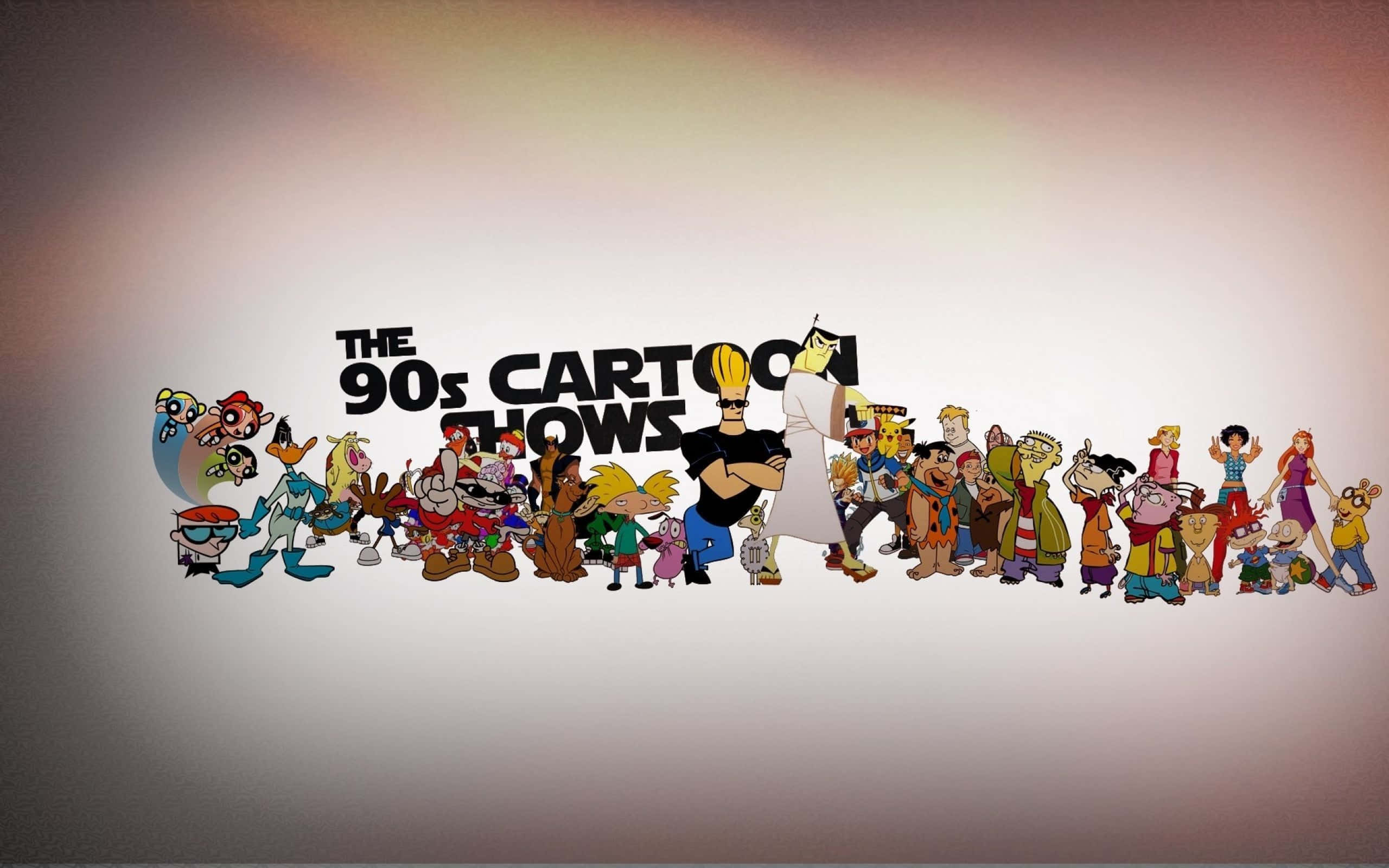 All Cartoon Characters 桌布 壁紙 — 一排充滿活力的90年代標誌性卡通角色自豪地站在慶祝他們時代的粗體文字下方。