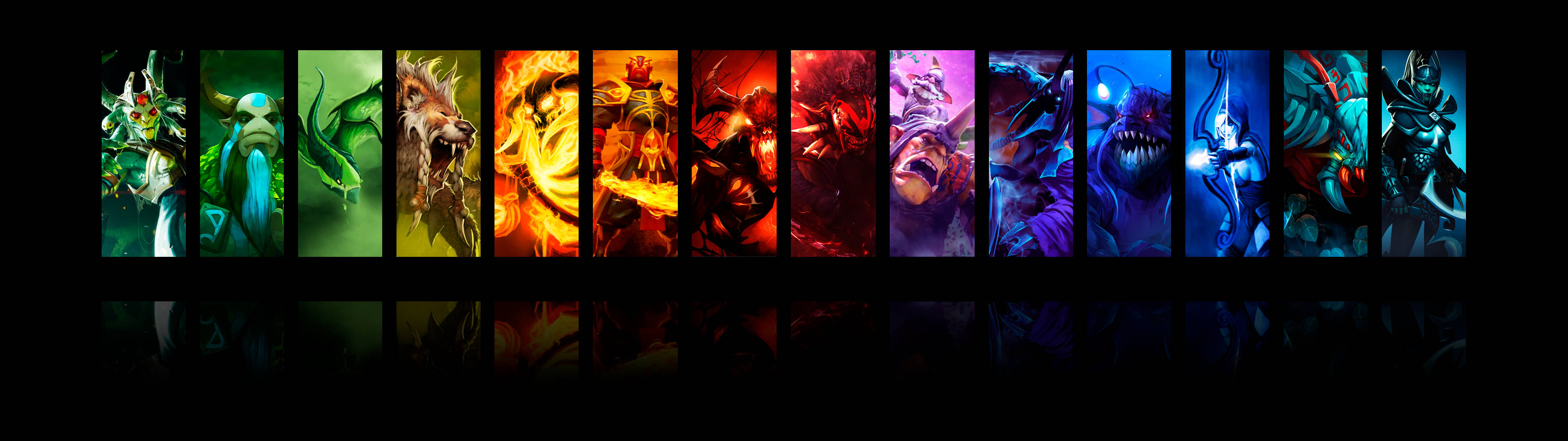 Dota 2 4K 桌布 壁紙 — 一排充滿活力的十位奇幻英雄，各自在彩色面板中，帶有戲劇性燈光和下方的黑暗倒影。
