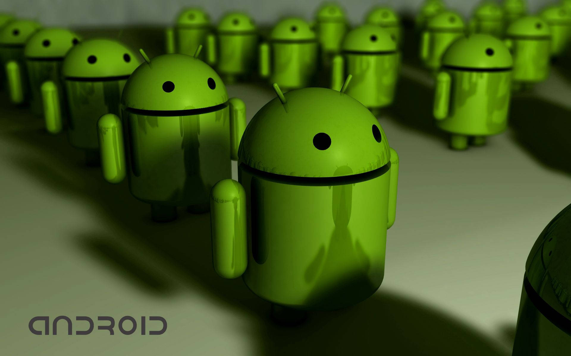 Hi 桌布 壁紙 — 一排光亮的綠色Android機器人公仔站在昏暗的房間中，投下長長的影子。