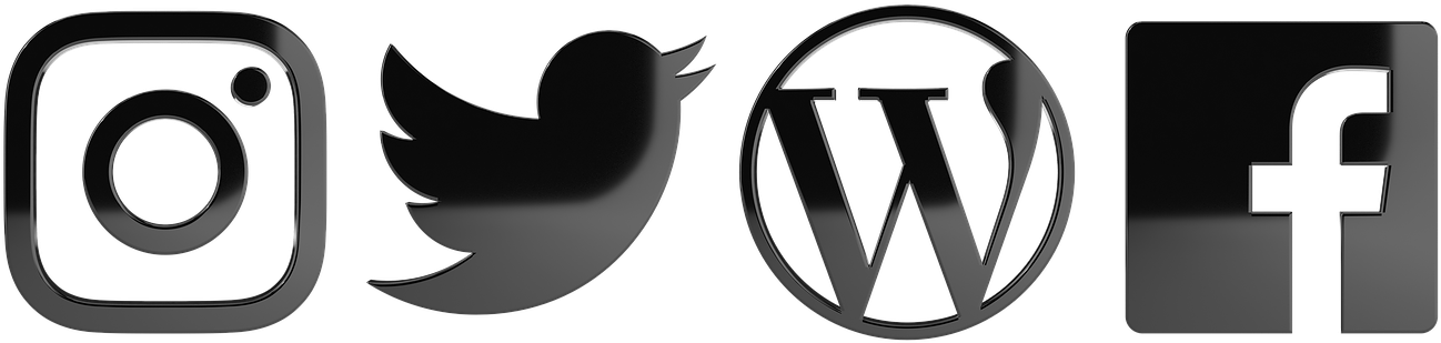 Wordpress Logo 桌布 壁紙 — 一排光滑的社交媒體圖示，以灰階呈現，置於黑色背景上。