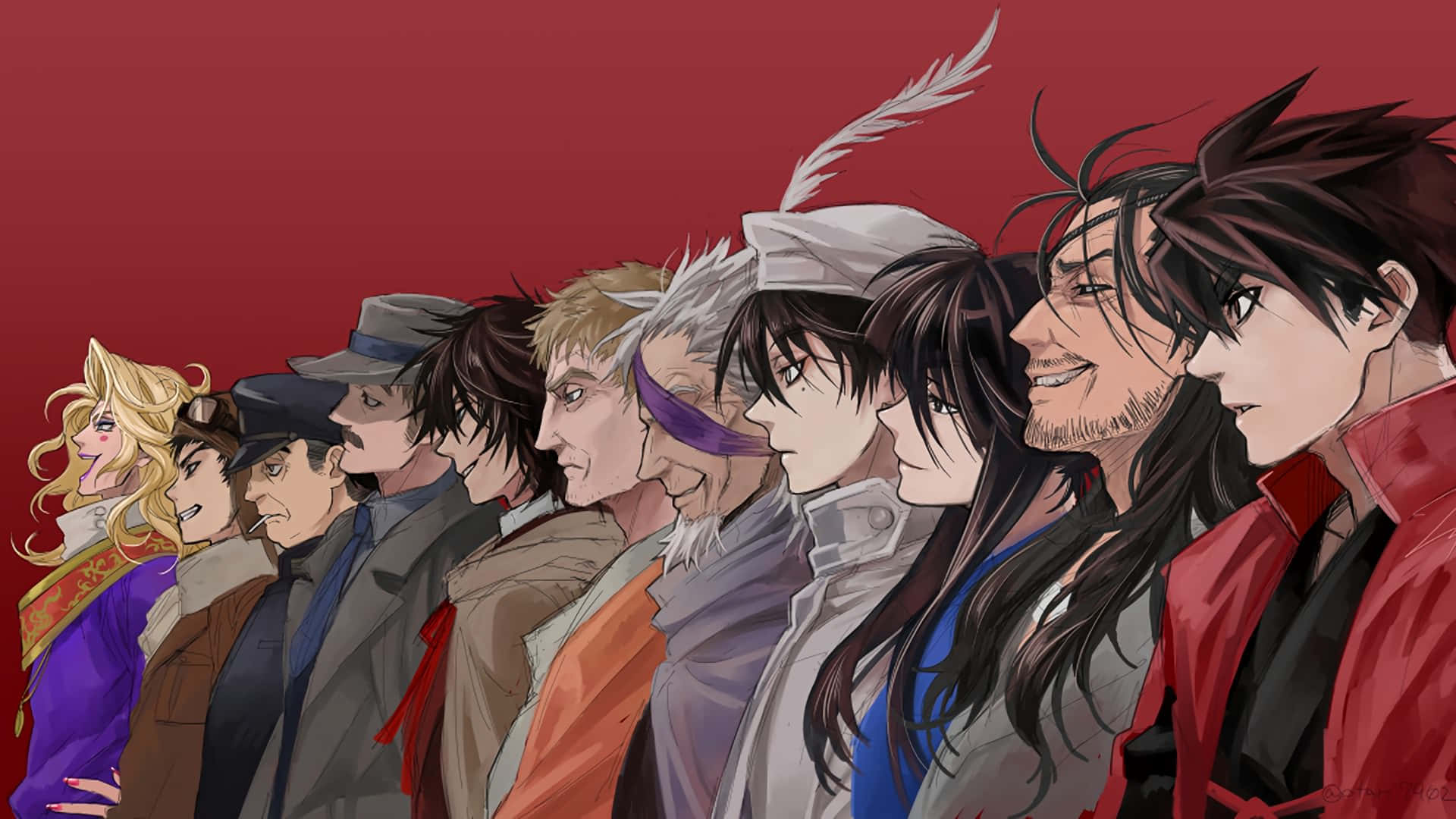 Manga Characters 桌布 壁紙 — 一排動漫角色，表情和服裝各異，背景為純紅色。