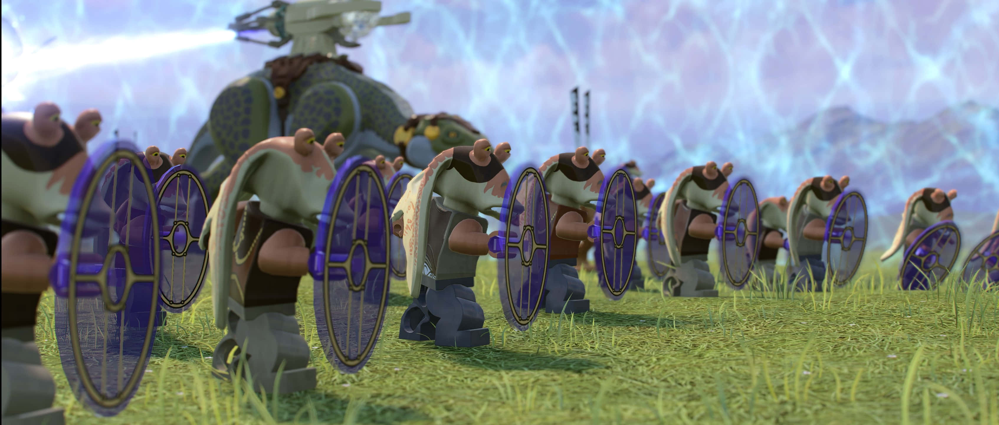 The Battle Of Naboo 桌布 壁紙 — 一排動畫風格的龜形戰士身穿盔甲手持盾牌，在草地上準備就緒，背景是發光的藍天。