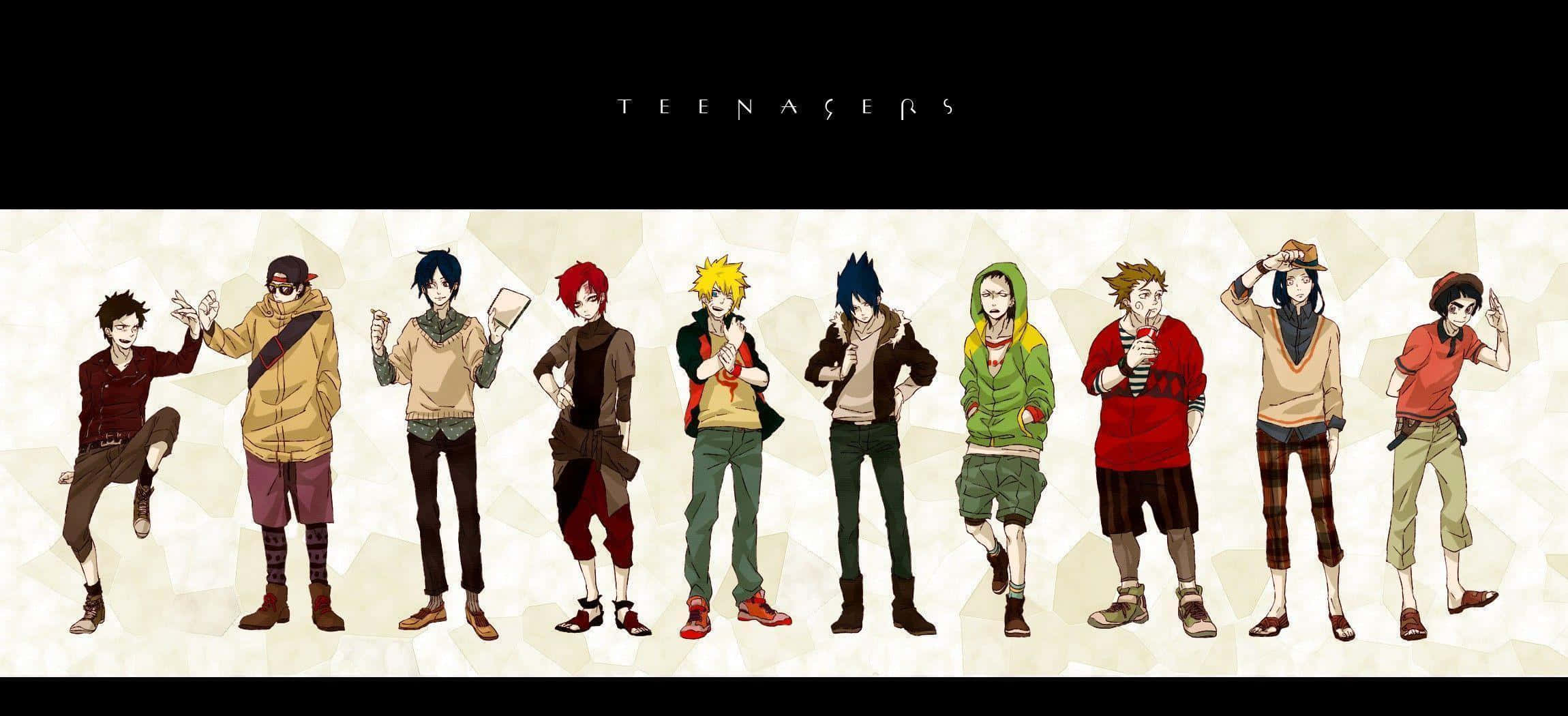 Naruto's Friend 桌布 壁紙 — 一排十個不同的動漫風格青少年，穿著休閒服裝，在有紋理的米色背景前自信地擺姿勢。
