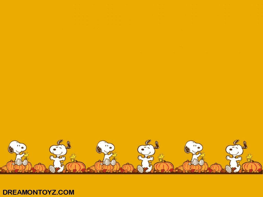 Snoopy Halloween 桌布 壁紙 — 一排卡通史努比角色穿著萬聖節服裝，站在南瓜上，背景為純橙色。