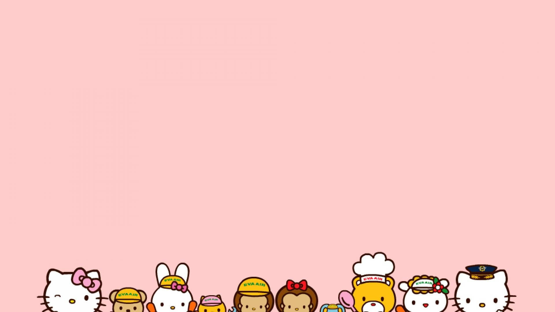 sanrio 桌布 壁紙 — 一排可愛的Sanrio角色，如Hello Kitty和朋友們，從底部探出頭來，背景是純粉紅色。