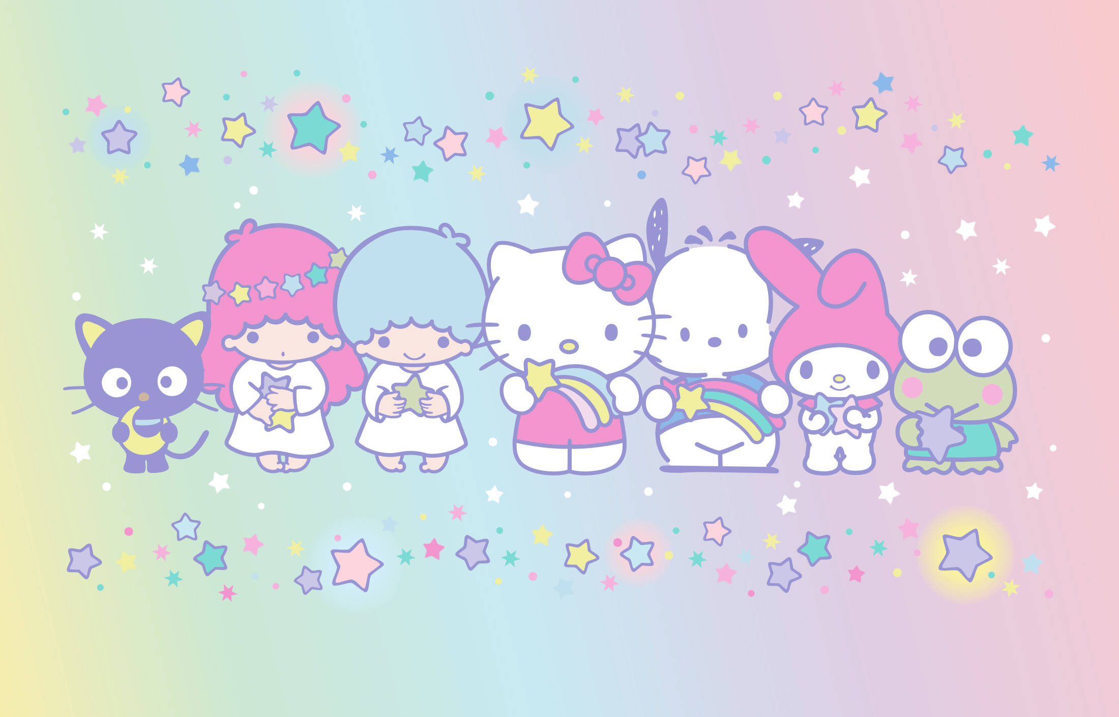 Cute Sanrio 桌布 壁紙 — 一排可愛的Sanrio角色在充滿閃爍星星的柔和漸變天空下拿著星星。