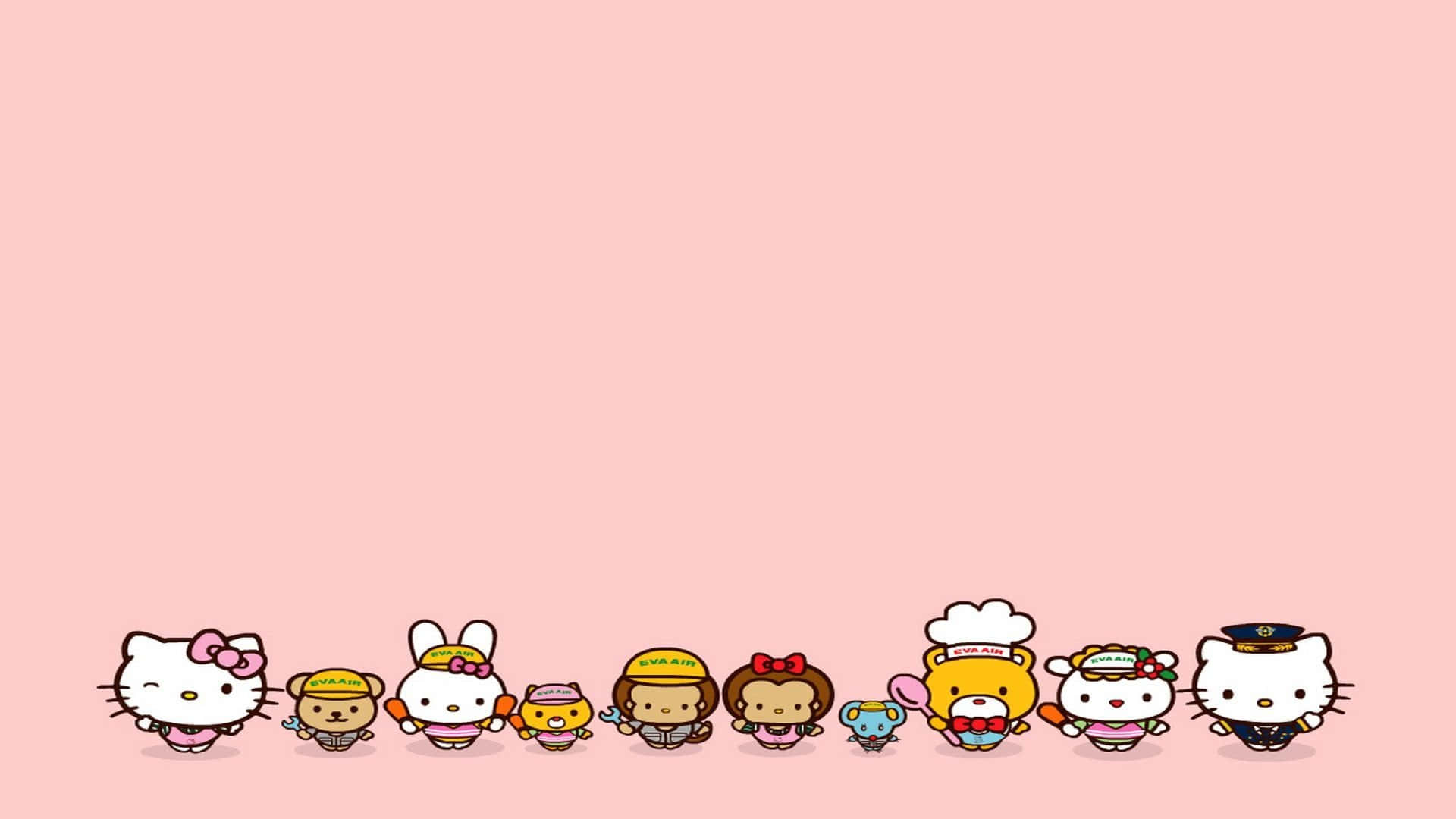一排穿著不同服裝的Sanrio角色在粉紅色背景上。 — 三麗鷗角色 GIF 壁紙