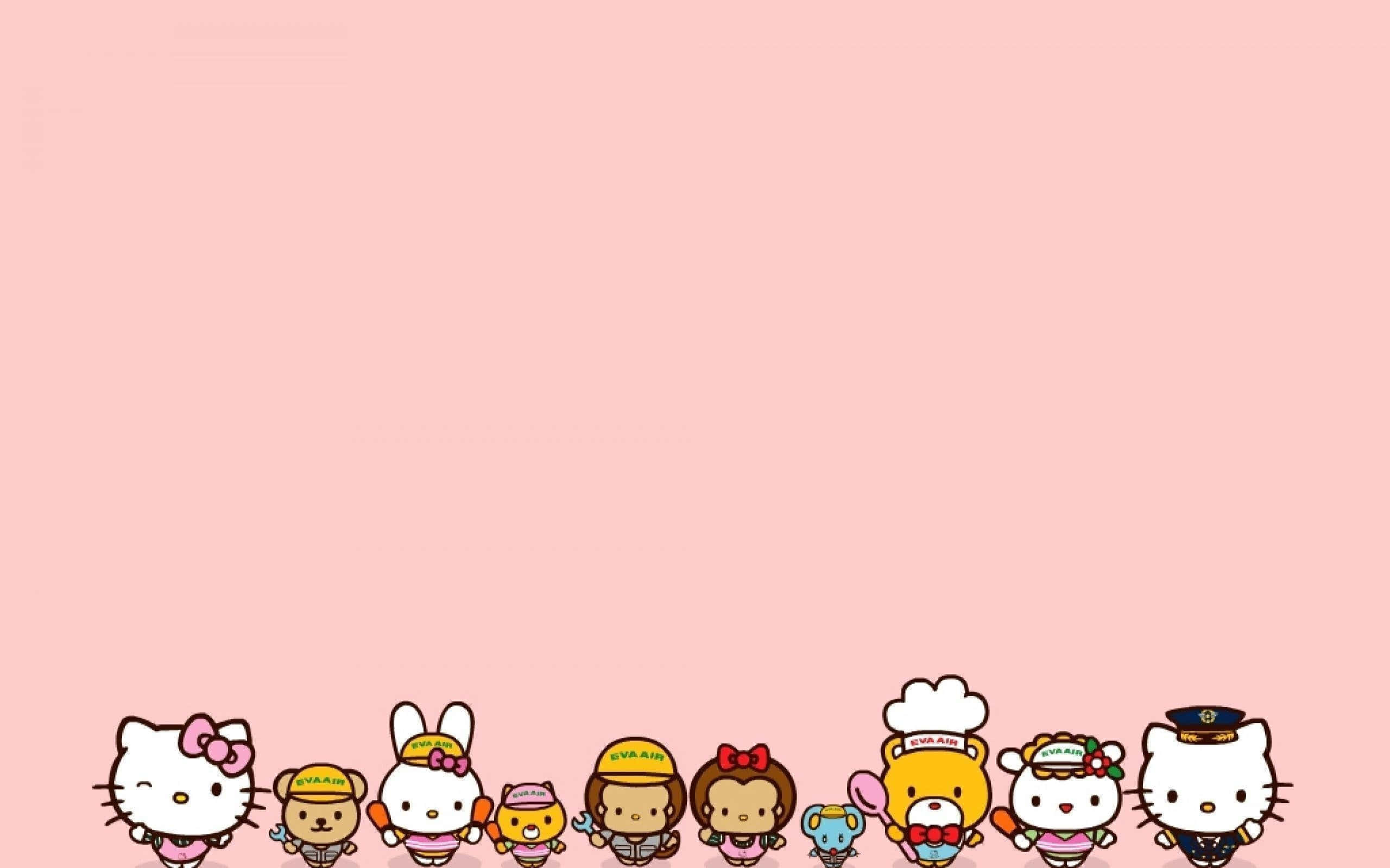 sanrio 桌布 壁紙 — 一排可愛的Sanrio角色穿著各種服裝，排列在柔和的粉紅色背景底部。