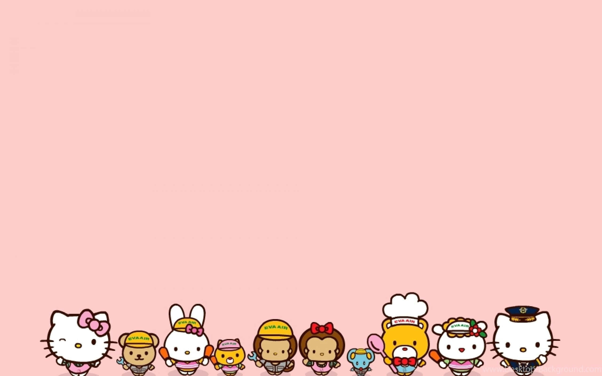 Hello Kitty Thanksgiving 桌布 壁紙 — 一排可愛的Sanrio角色穿著各種服裝，排列在柔和的粉紅色背景底部。