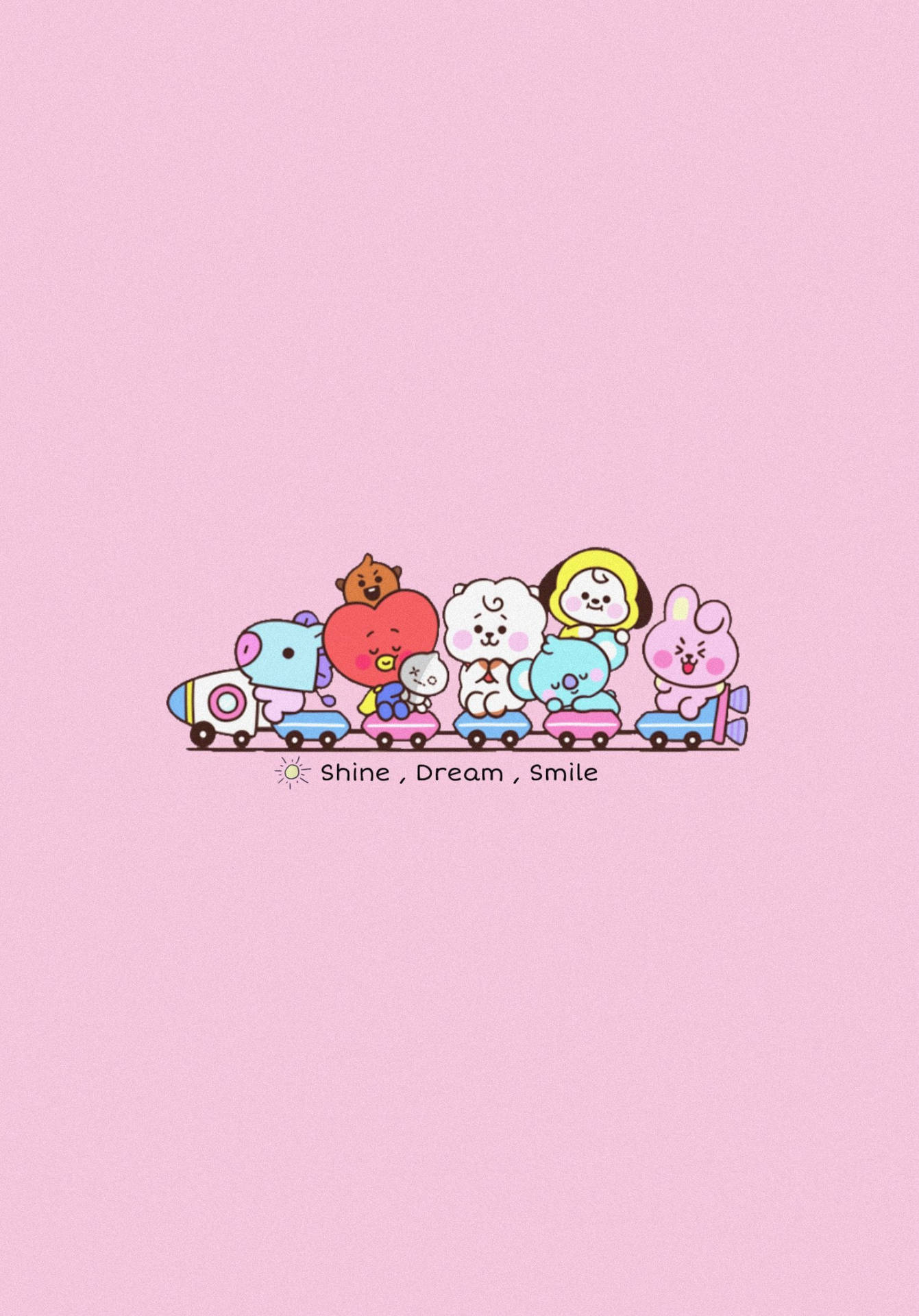 可愛的卡通人物騎著玩具車，在粉紅色背景上帶有「shine dream smile」字句。 — BT21 GIF 壁紙