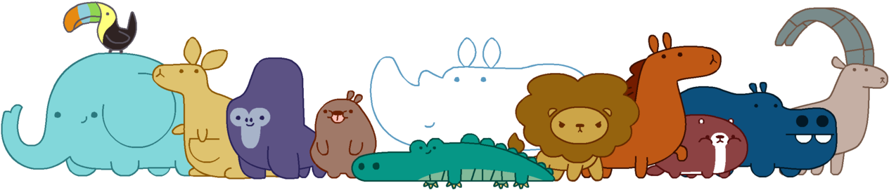 Molang 桌布 壁紙 — 一排可愛的卡通動物，包括大象、犀鳥和獅子，站在黑色背景前。