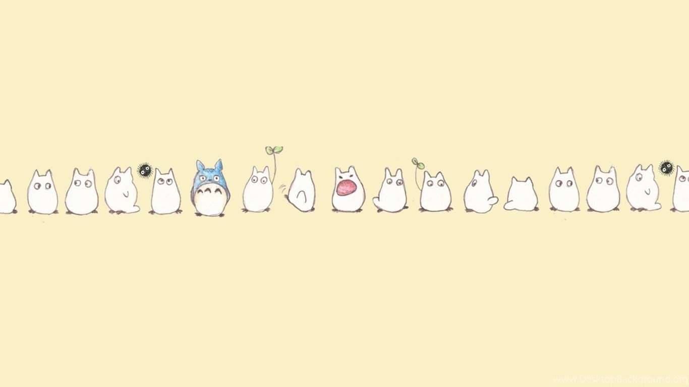 cute aesthetic pc 桌布 壁紙 — 一排可愛的龍貓角色以極簡線條呈現，背景為柔和的黃色。