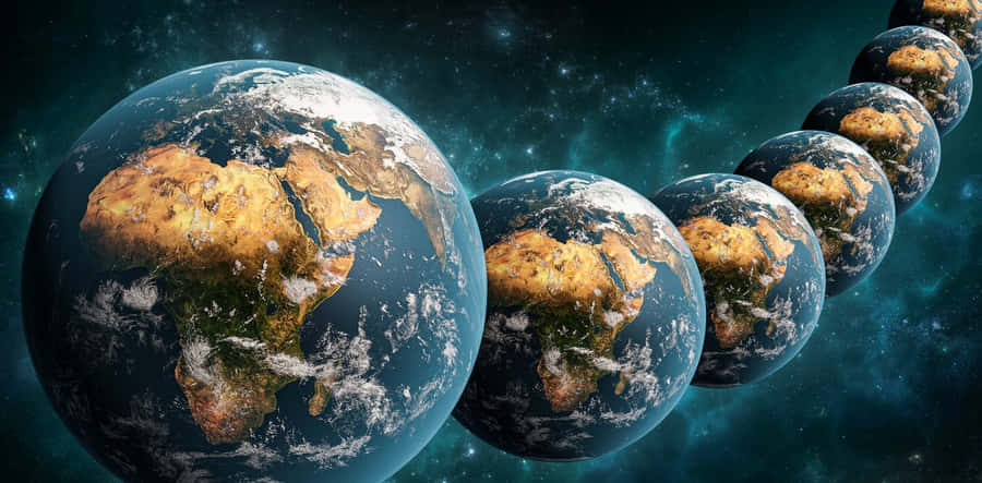 Time Travel 桌布 壁紙 — 一排地球逐漸消失在太空中，非洲在繁星宇宙背景下格外突出。