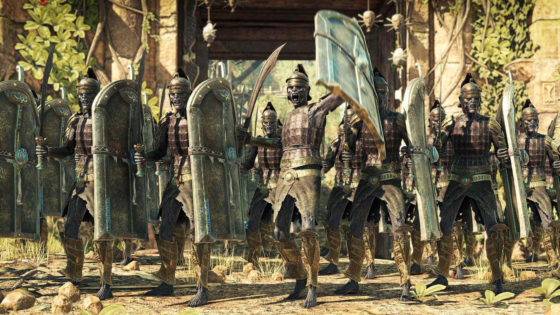 Strange Brigade 桌布 壁紙 — 一排塗面、手持大盾的裝甲戰士在叢林寺廟庭院中準備就緒。