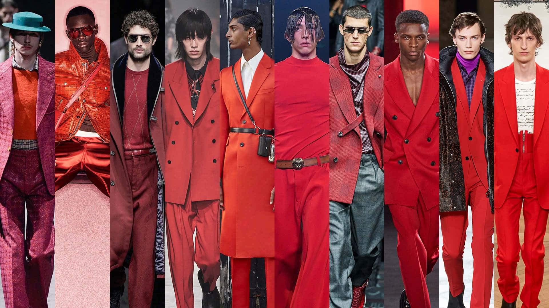 Red Clothing 桌布 壁紙 — 一排多元化的男模特兒自信地在天橋上展示大膽的紅色和粉紅色時尚套裝。