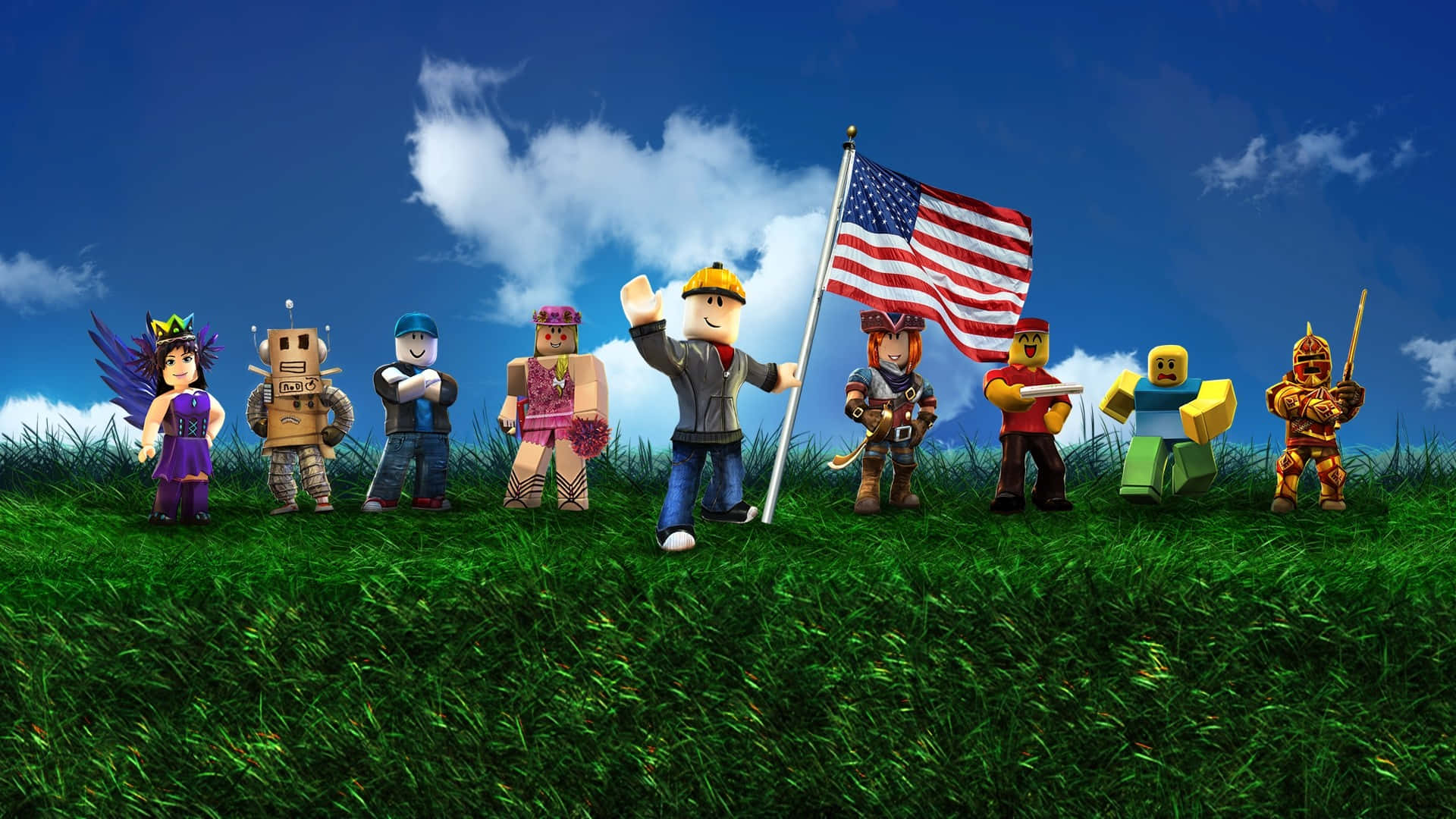 Roblox Character 桌布 壁紙 — 一排多樣化的 Roblox 頭像站在鮮綠色的草地上，背景是藍天白雲。