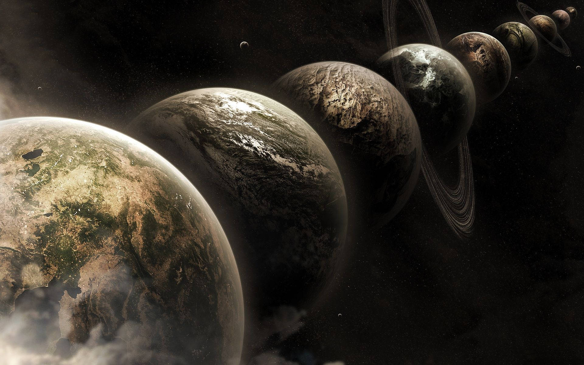 多重宇宙 桌布 壁紙 — 一排多樣化的行星，帶有光環和不同的表面，漂浮在深空之中，背景是佈滿星光的黑色虛空。