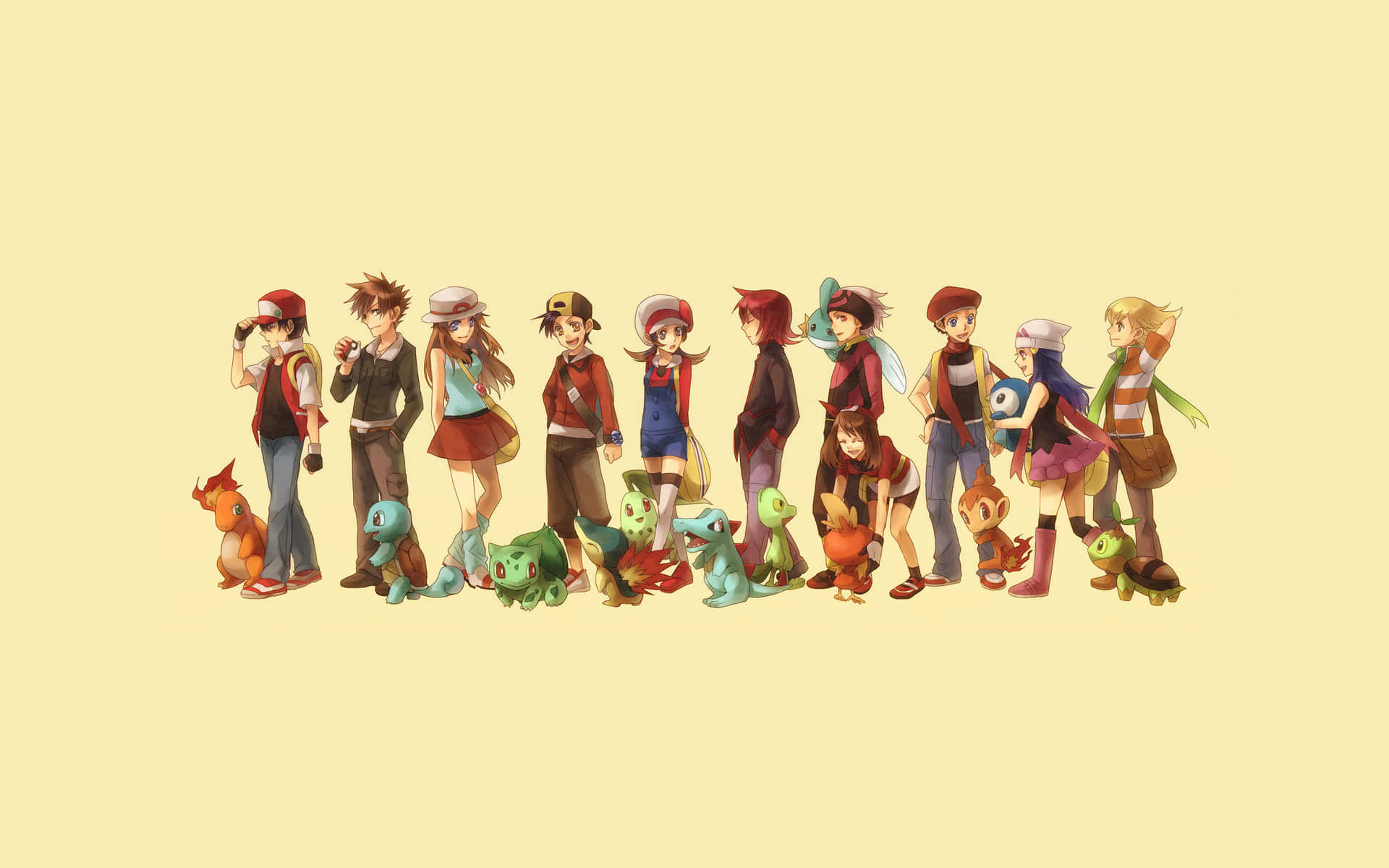 Pokemon Masters 桌布 壁紙 — 一排寶可夢動畫角色與他們的初始寶可夢一起站在淡黃色背景前。