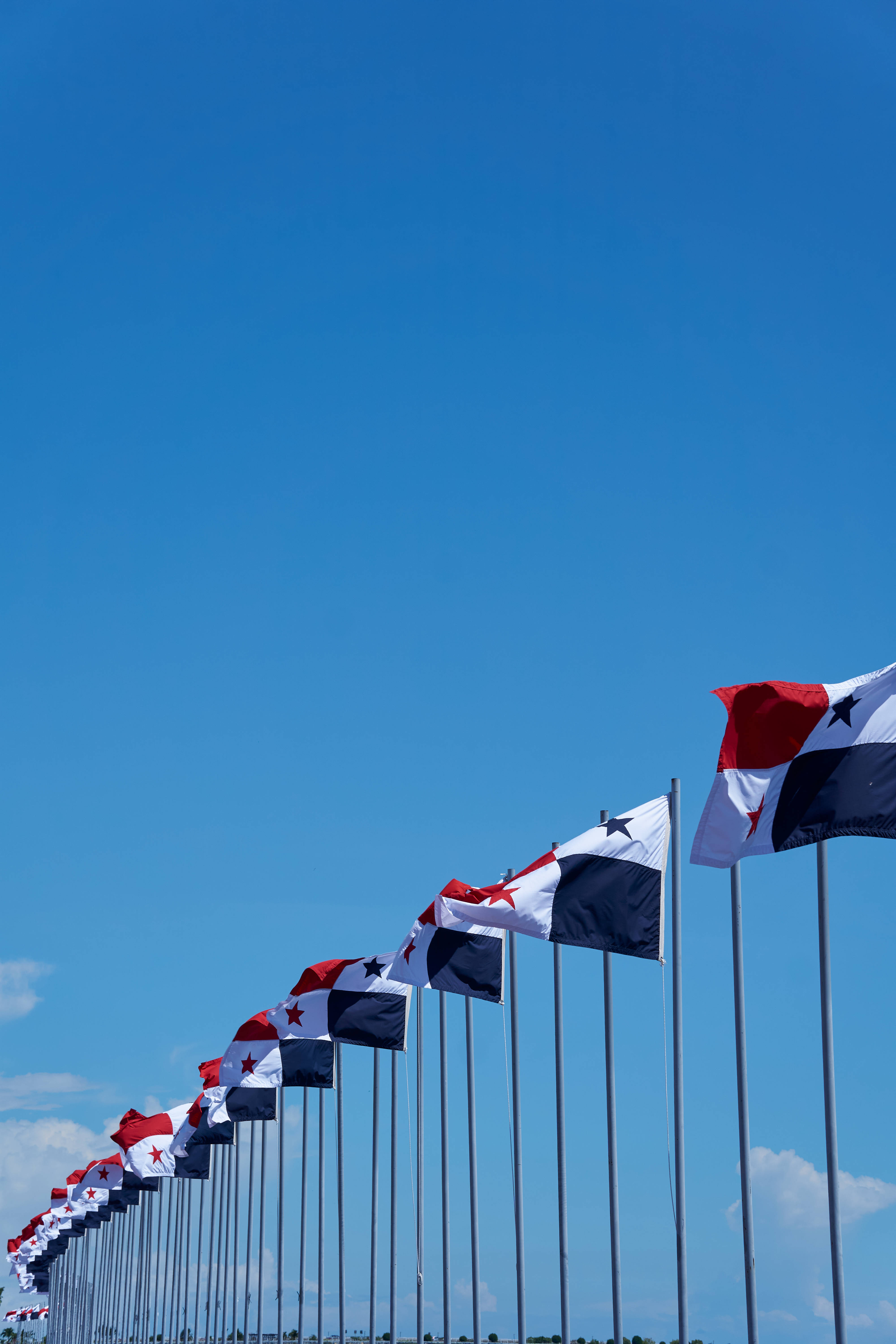 Panama 桌布 壁紙 — 一排巴拿馬國旗以對角線排列，在廣闊清澈的藍天和白雲下自豪地飄揚。