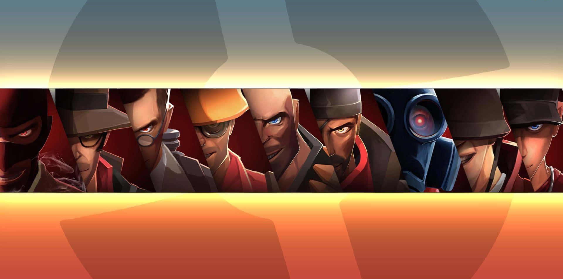 Team Fortress 2 Characters 桌布 壁紙 — 一排戴著帽子和面具的風格化動畫角色，在溫暖的漸層背景前凝視著。