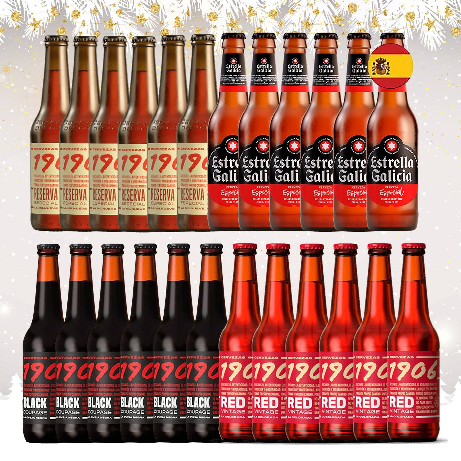 alcohol 桌布 壁紙 — 一排排 Estrella Galicia 啤酒瓶，紅色和琥珀色玻璃，節日金色雪花背景。