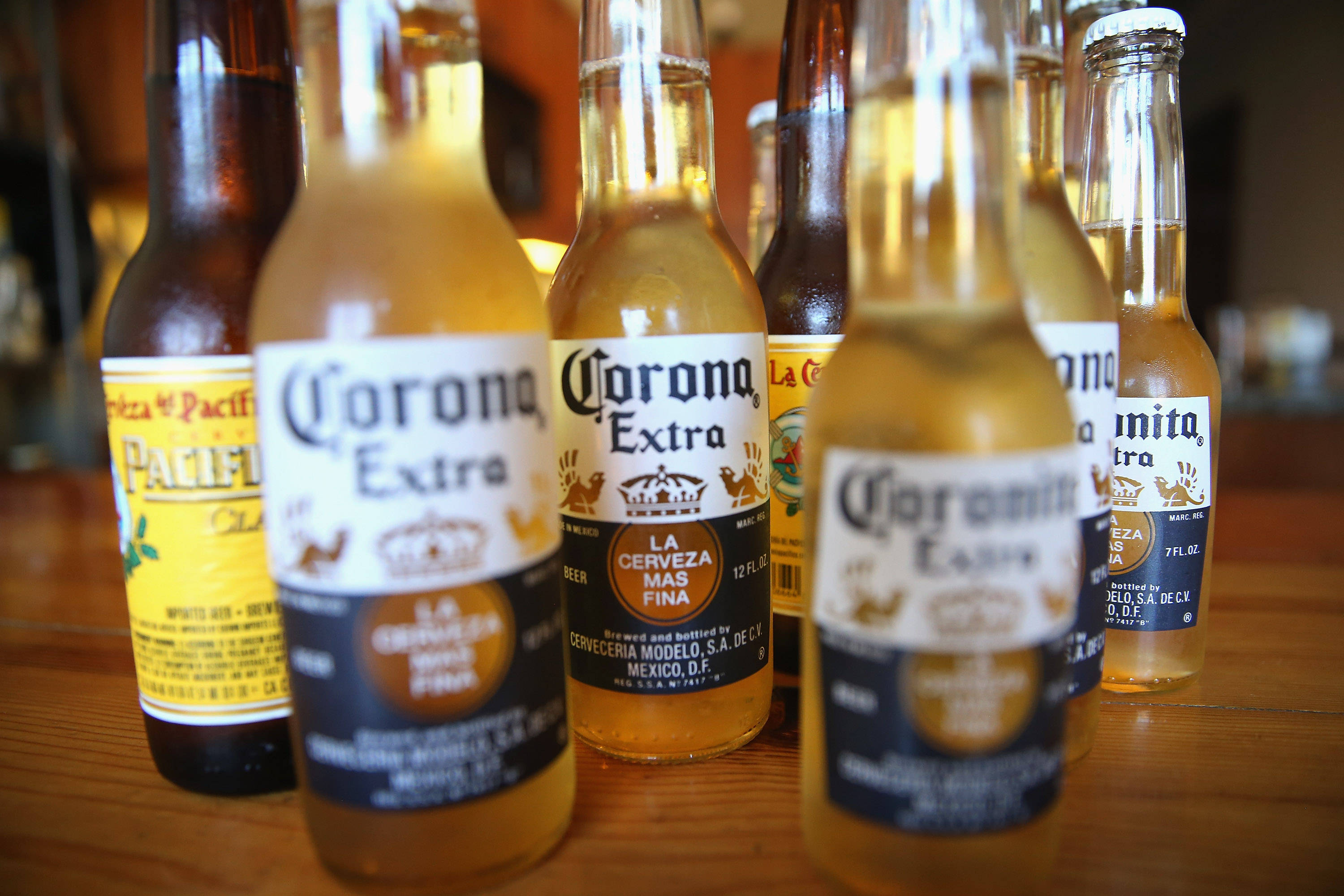 corona 桌布 壁紙 — 一排排Corona Extra和Pacifico啤酒瓶在溫暖的木質吧檯表面閃耀著金色液體。