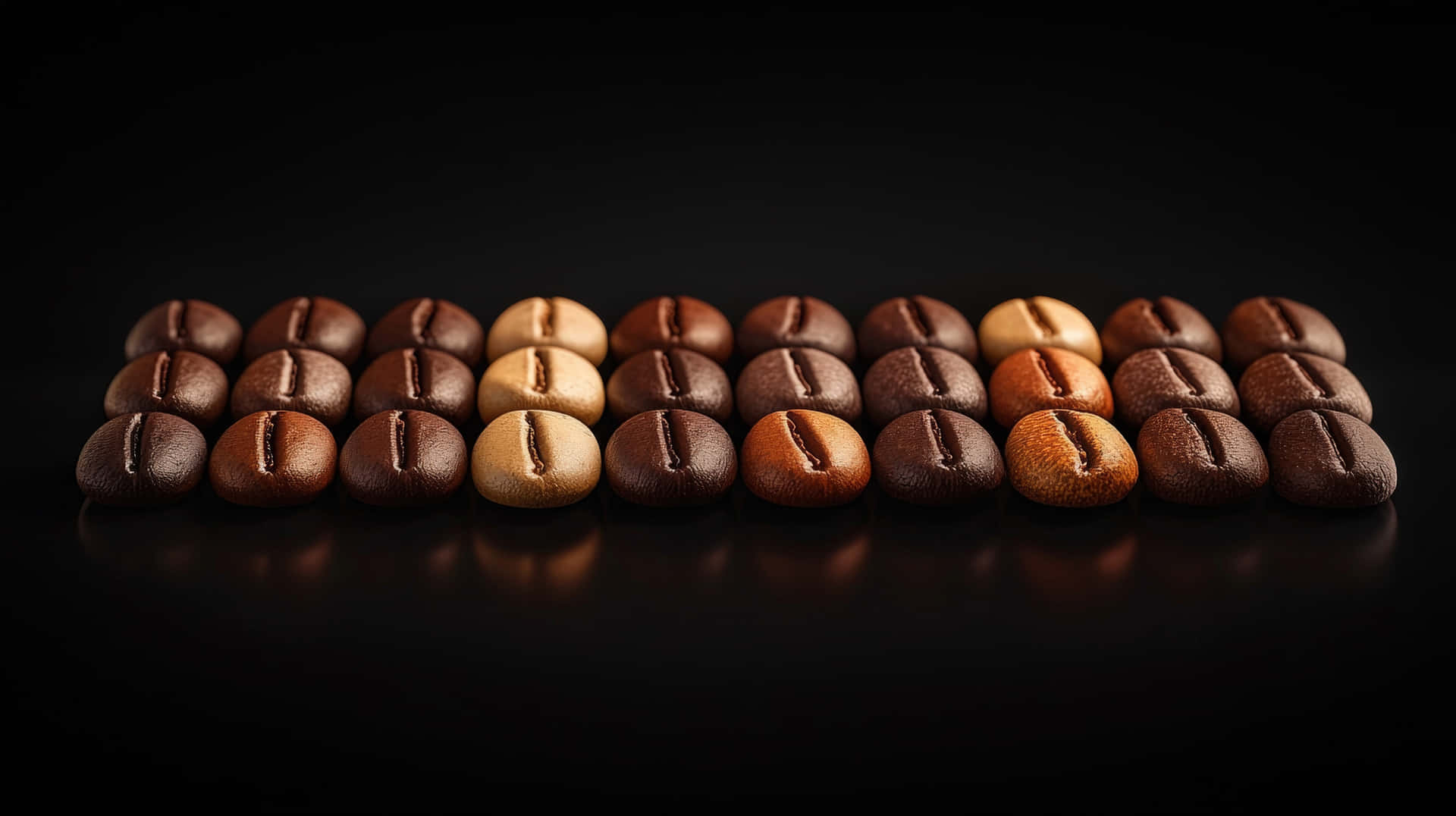 Coffee Beans Arranged in Rows Showing Different Roasting Levels on Dark Background 壁紙 — 一排排不同深淺棕色和棕褐色的烘焙咖啡豆整齊地排列在光滑的黑色表面上。