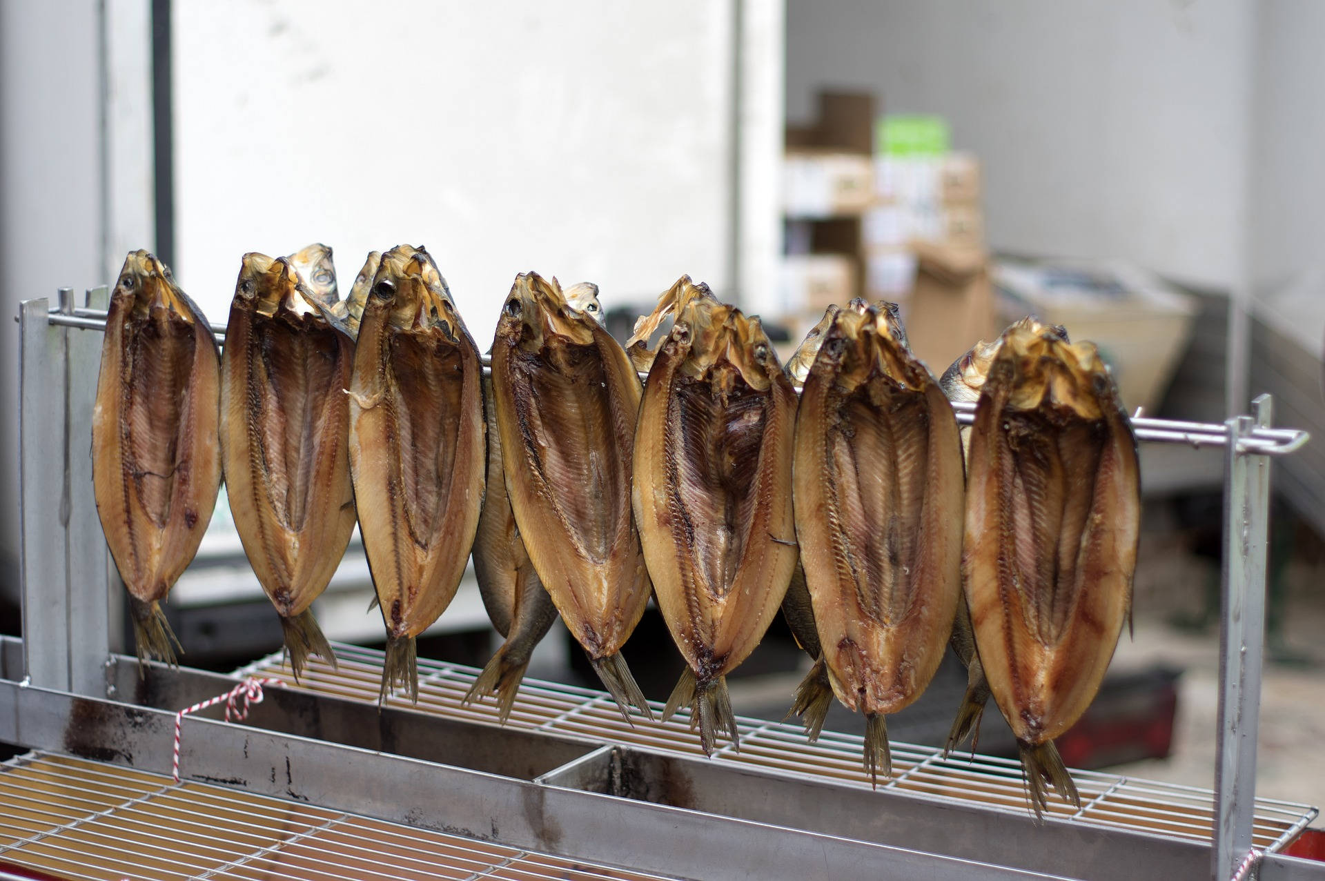魚 桌布 壁紙 — 一排排乾魚掛在金屬架上，位於樸素的加工室內，背景有模糊的紙箱。