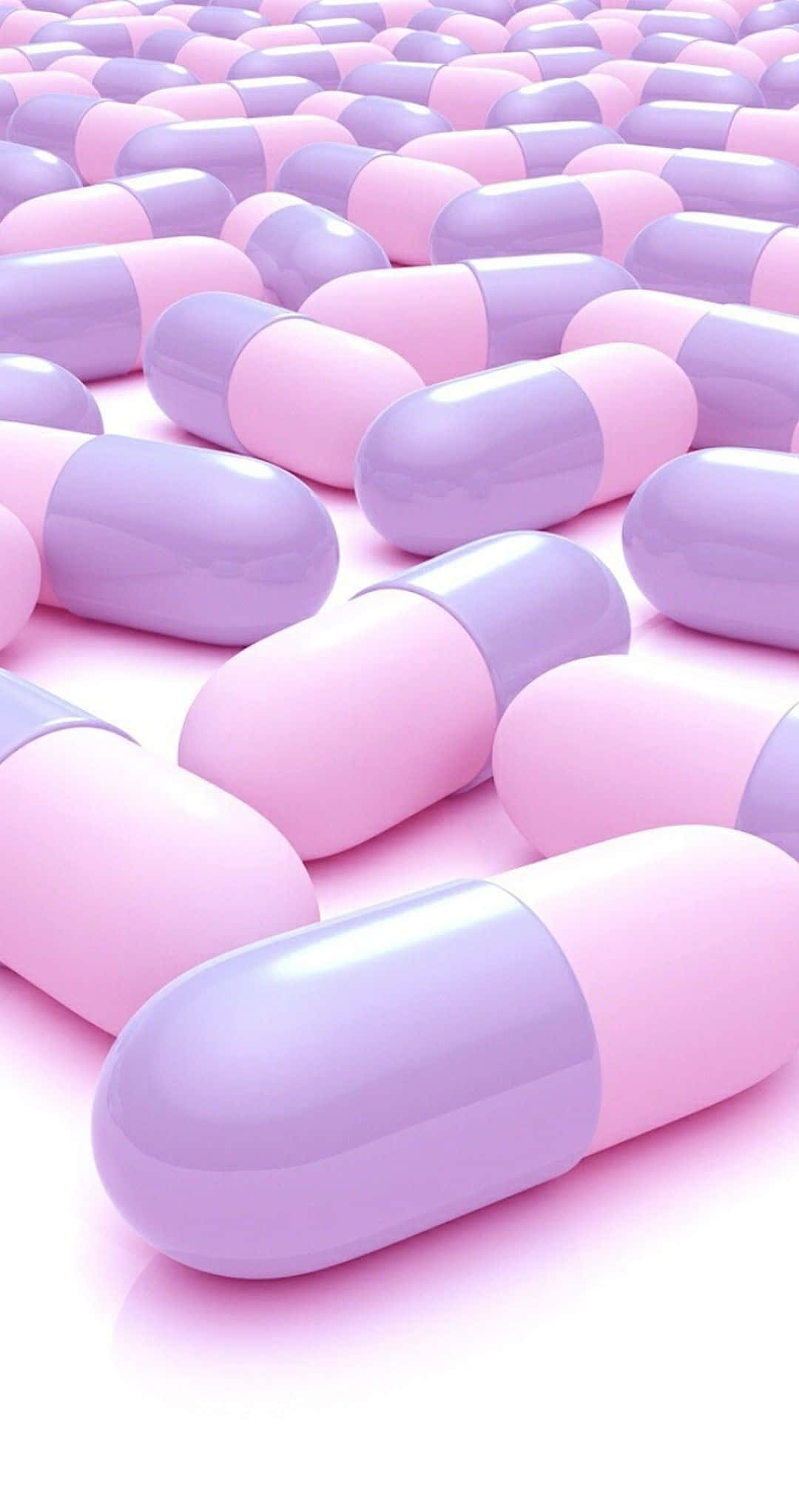 Pharmacy 桌布 壁紙 — 一排排光滑的粉紅色和薰衣草色膠囊在明亮的白色表面上延伸至遠方。