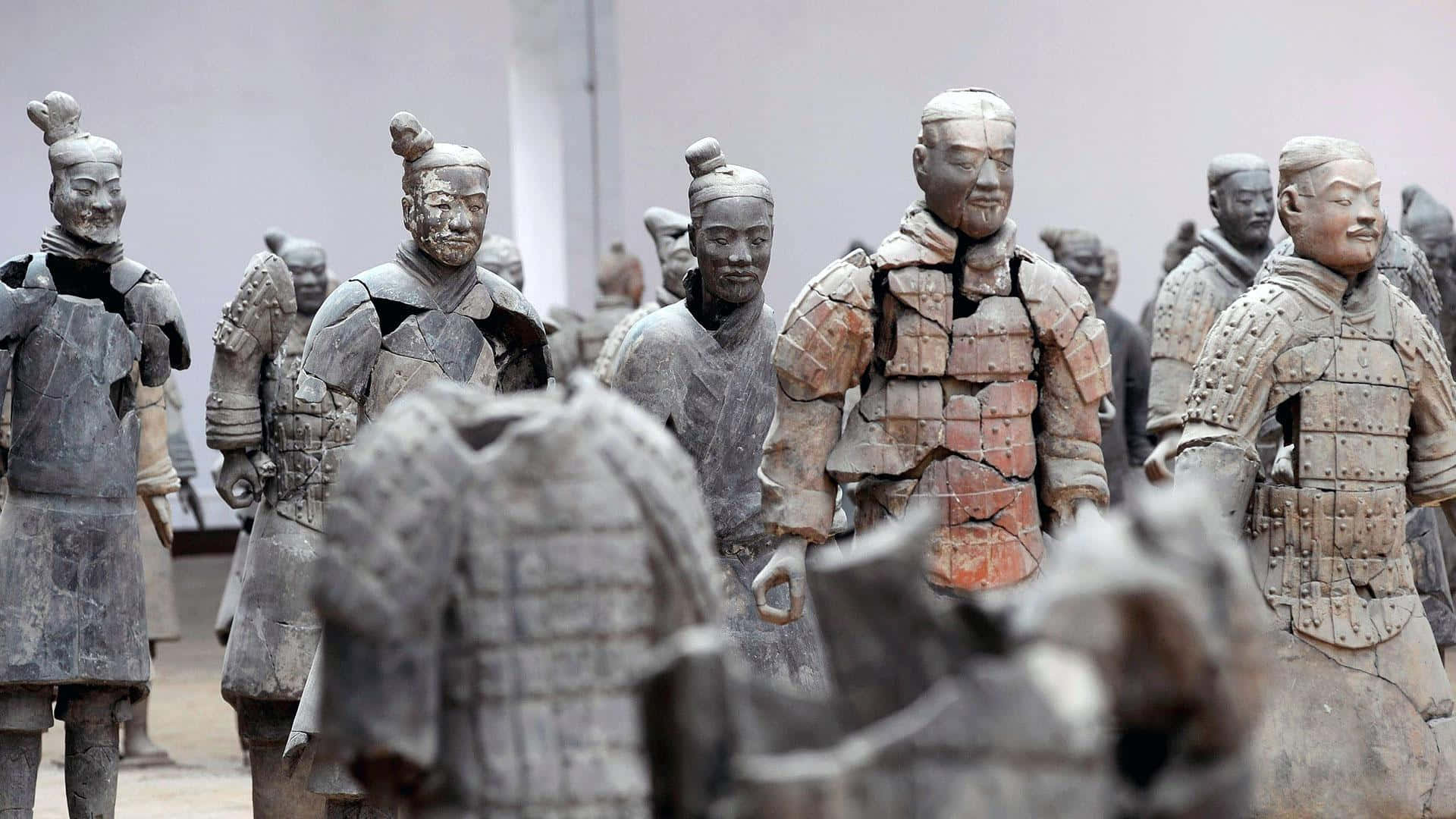 Museum 桌布 壁紙 — 一排排古老的兵馬俑在博物館環境中整齊排列，帶有精細的盔甲和風化的表情。