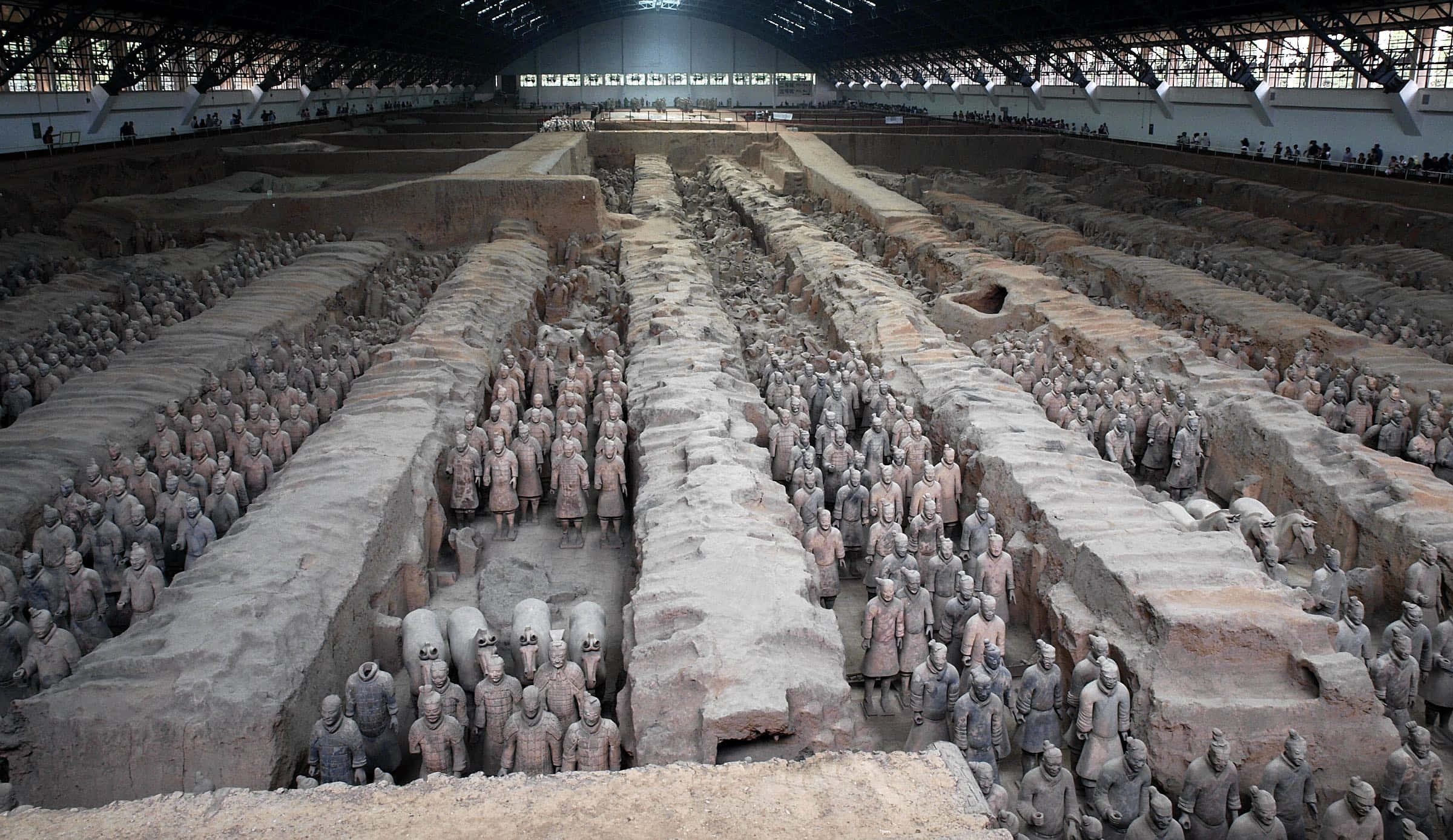 Museum 桌布 壁紙 — 一排排古老的兵馬俑在現代保護屋頂下，於廣闊的考古發掘現場中整齊排列。
