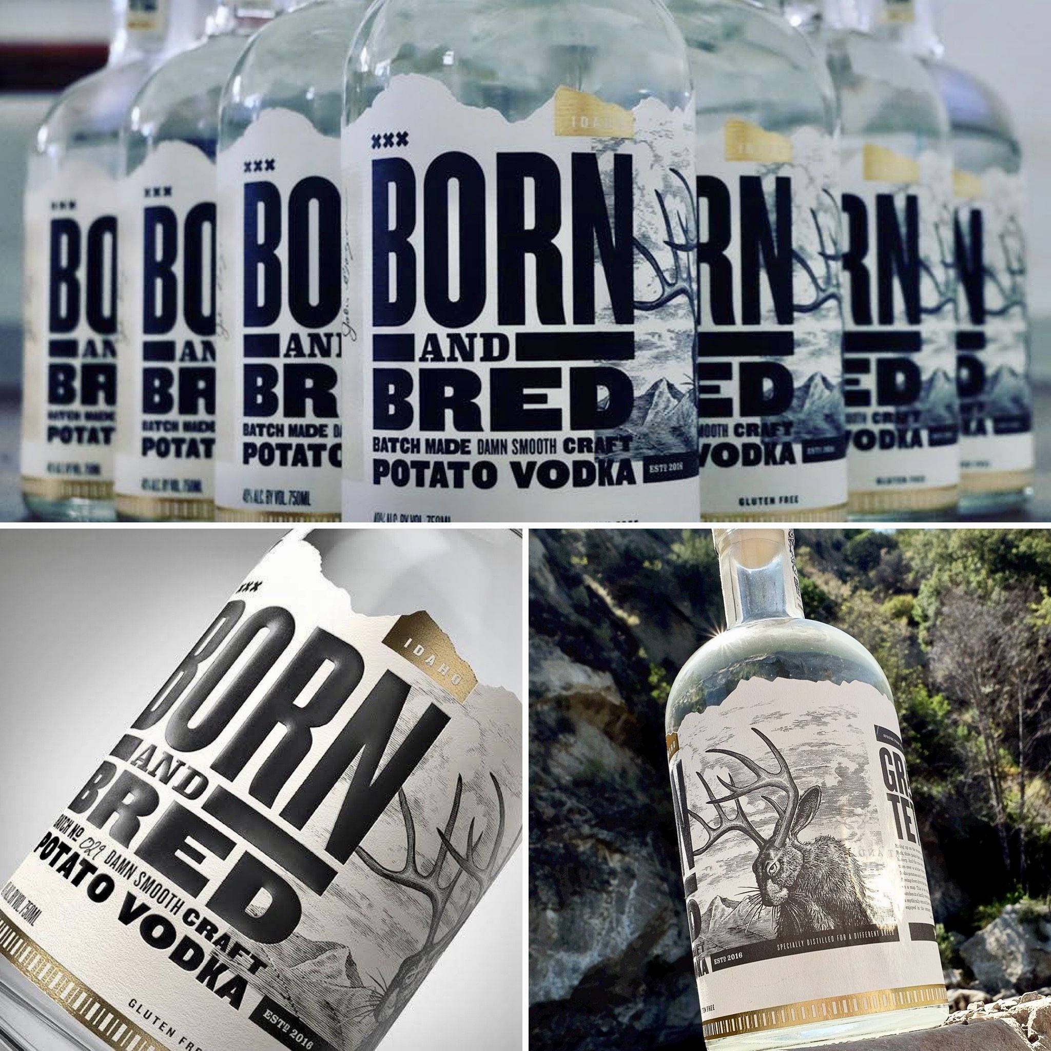 drinks 桌布 壁紙 — 一排排帶有山和鹿標籤的 'Born and Bred' 馬鈴薯伏特加酒瓶，在工作室和戶外環境中展示。