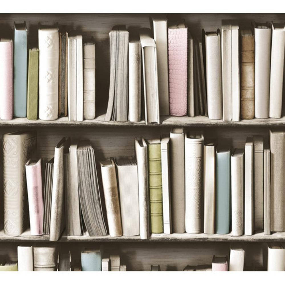 books 桌布 壁紙 — 一排排復古書籍，書脊呈柔和色調，整齊地擺放在經風化的木架上，沐浴在柔和溫暖的光線中。