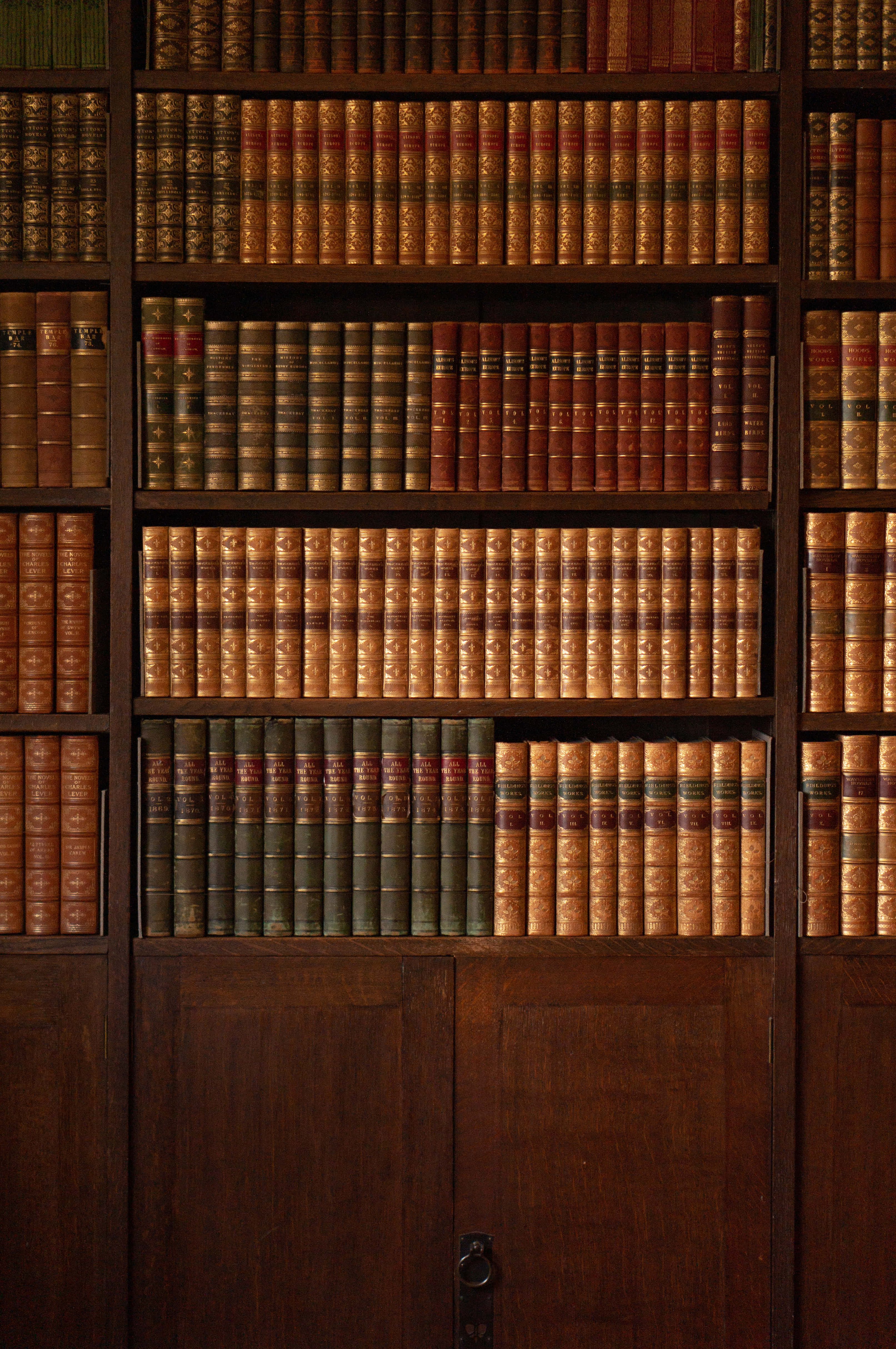Shelf 桌布 壁紙 — 一排排復古皮革裝訂書籍填滿了經典圖書館環境中的深色木質書架。