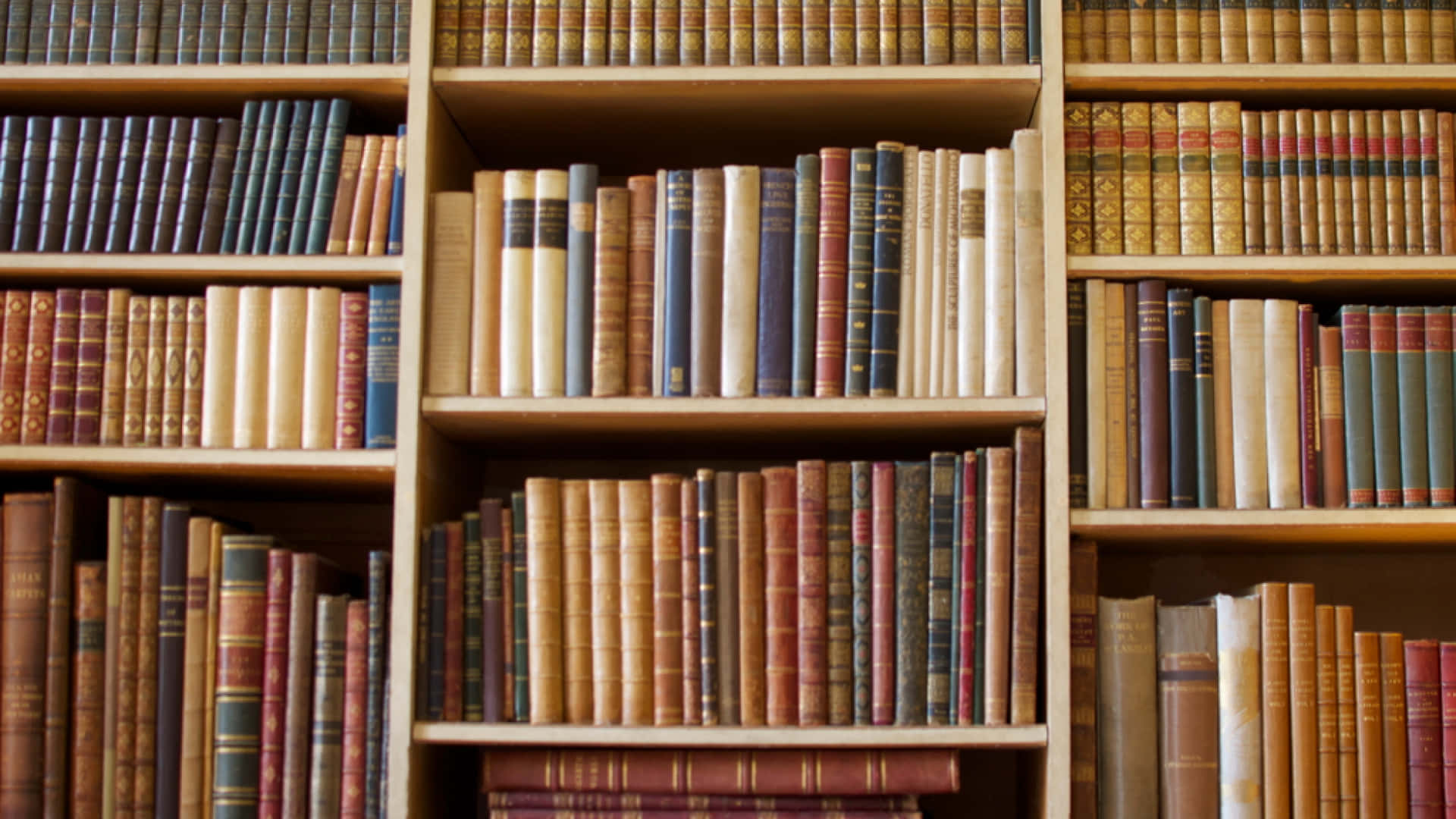 木質書架上擺滿了一排排復古皮革裝訂的書籍。 — Google Meet 壁紙