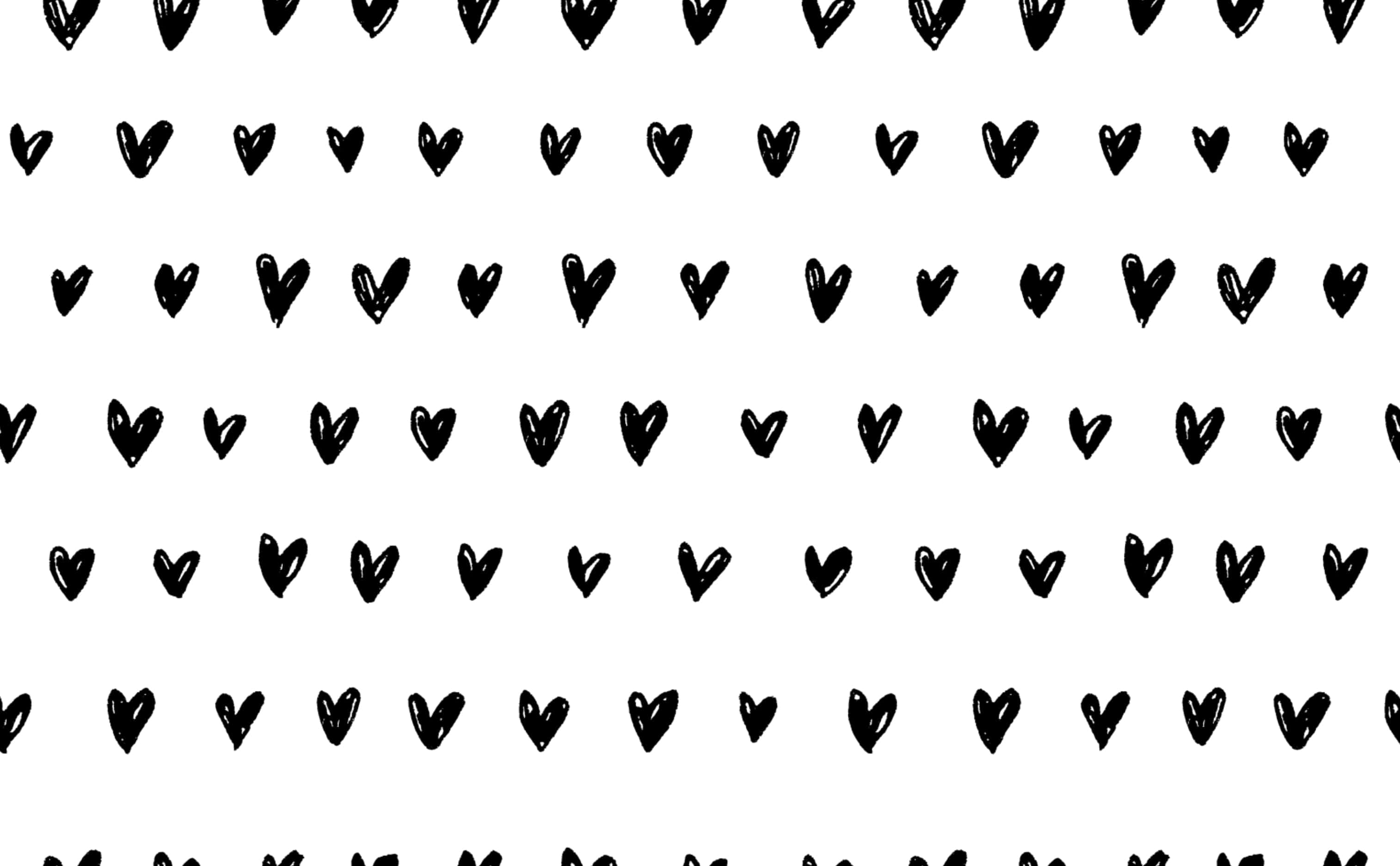 Black And White Heart 桌布 壁紙 — 一排排手繪黑色心形在乾淨白色背景上重複圖案。