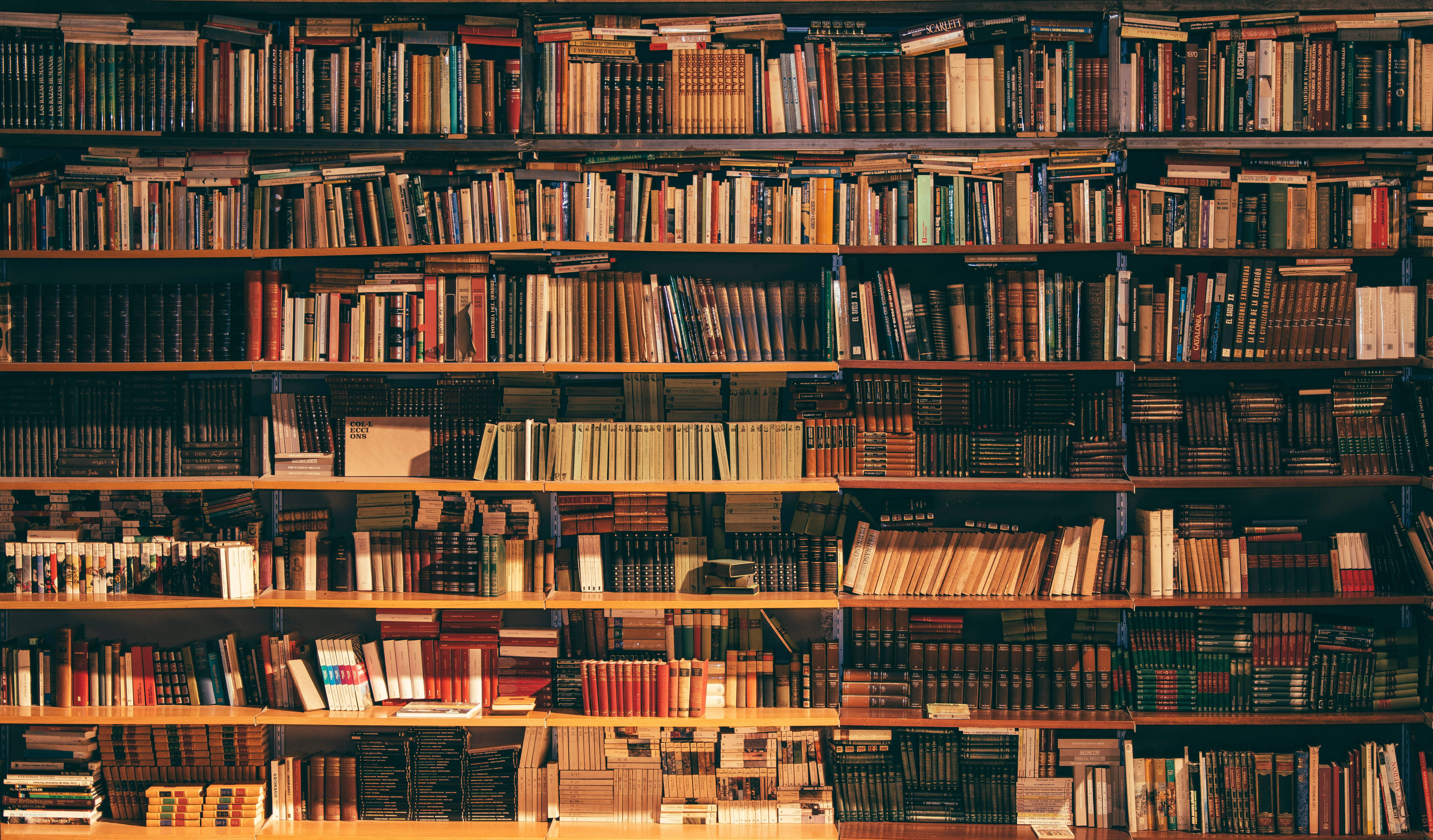 Library 桌布 壁紙 — 一排排木製書架上擺滿了復古書籍，在柔和燈光下溫暖地發光，營造出舒適的圖書館氛圍。