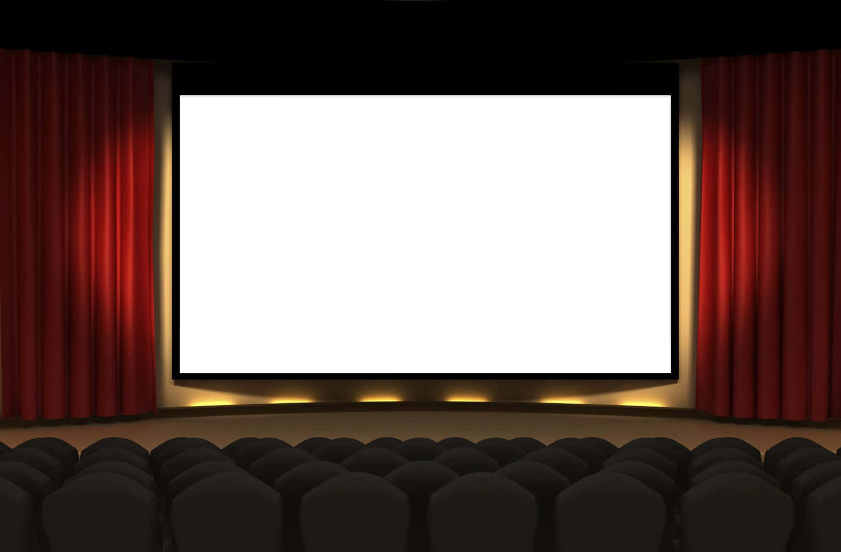 Entertainment 桌布 壁紙 — 一排排深色劇院座椅面向一個明亮的白色螢幕，螢幕由華麗的紅色窗簾框住，在溫暖的環境燈光下。