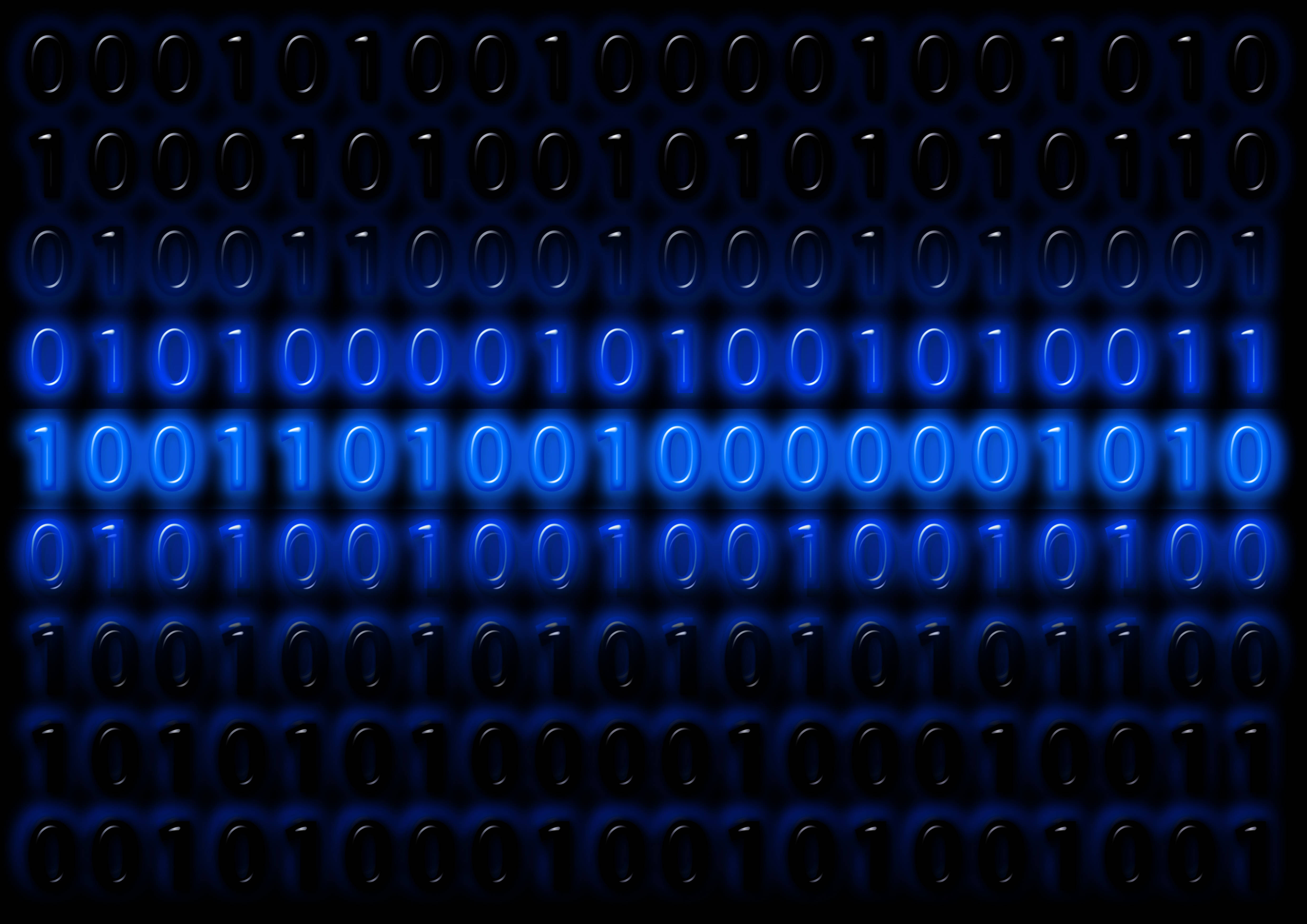 Digital 桌布 壁紙 — 一排排發光的藍色二進制數字在黑暗背景上以數位網格圖案漂浮。
