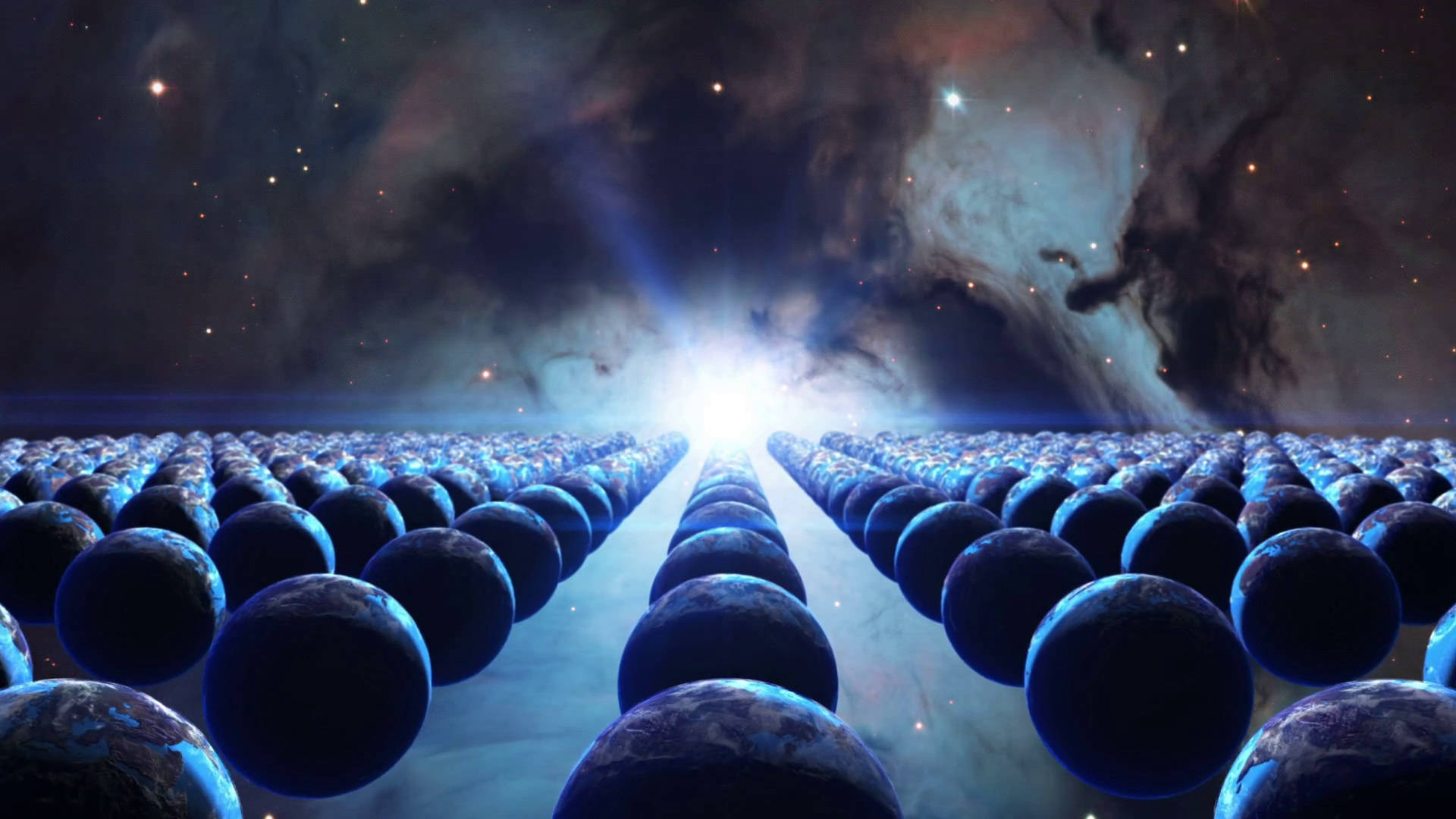 多重宇宙 桌布 壁紙 — 一排排發光的藍色球體向著燦爛的宇宙之光延伸，背景是繁星點點的星雲。