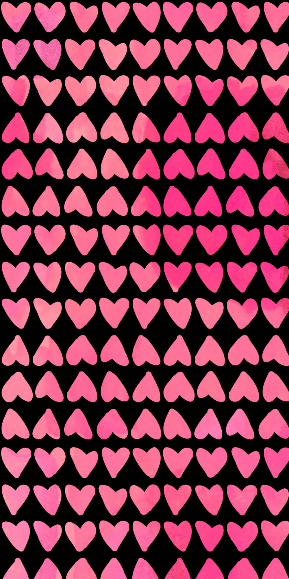 Valentines Day Phone 桌布 壁紙 — 一排排粉紅色水彩愛心圖案以不同深淺重複排列在純黑色背景上。