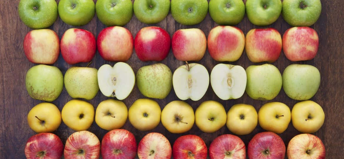 Fall Apples 桌布 壁紙 — 一排排色彩繽紛的蘋果，呈現出紅、綠、黃等不同色調，整齊地排列在深色木質表面上，中間一排有兩個切開的半邊。