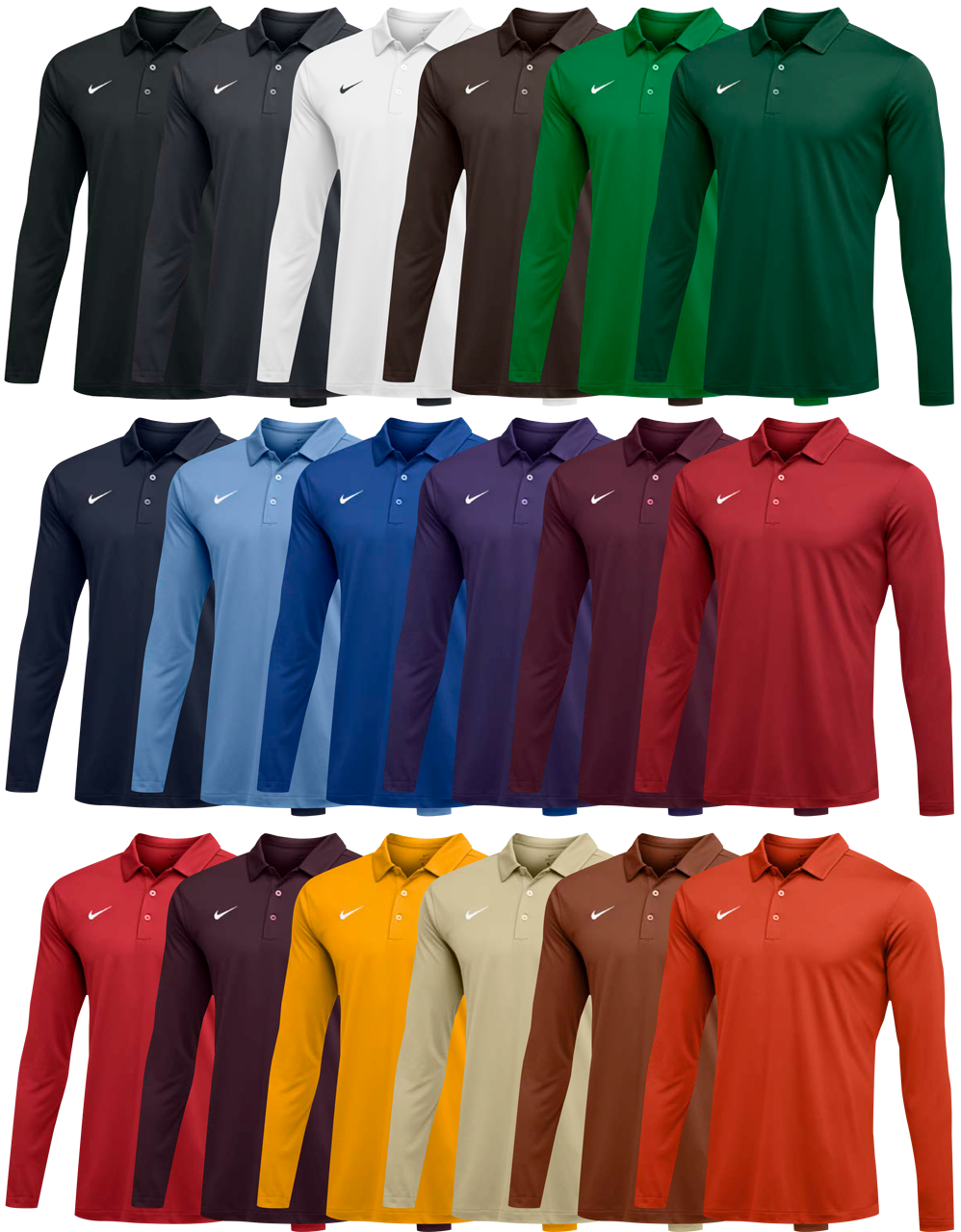 Polo Shirt 桌布 壁紙 — 一排排色彩鮮豔的Nike長袖Polo衫，在黑色背景上展示。