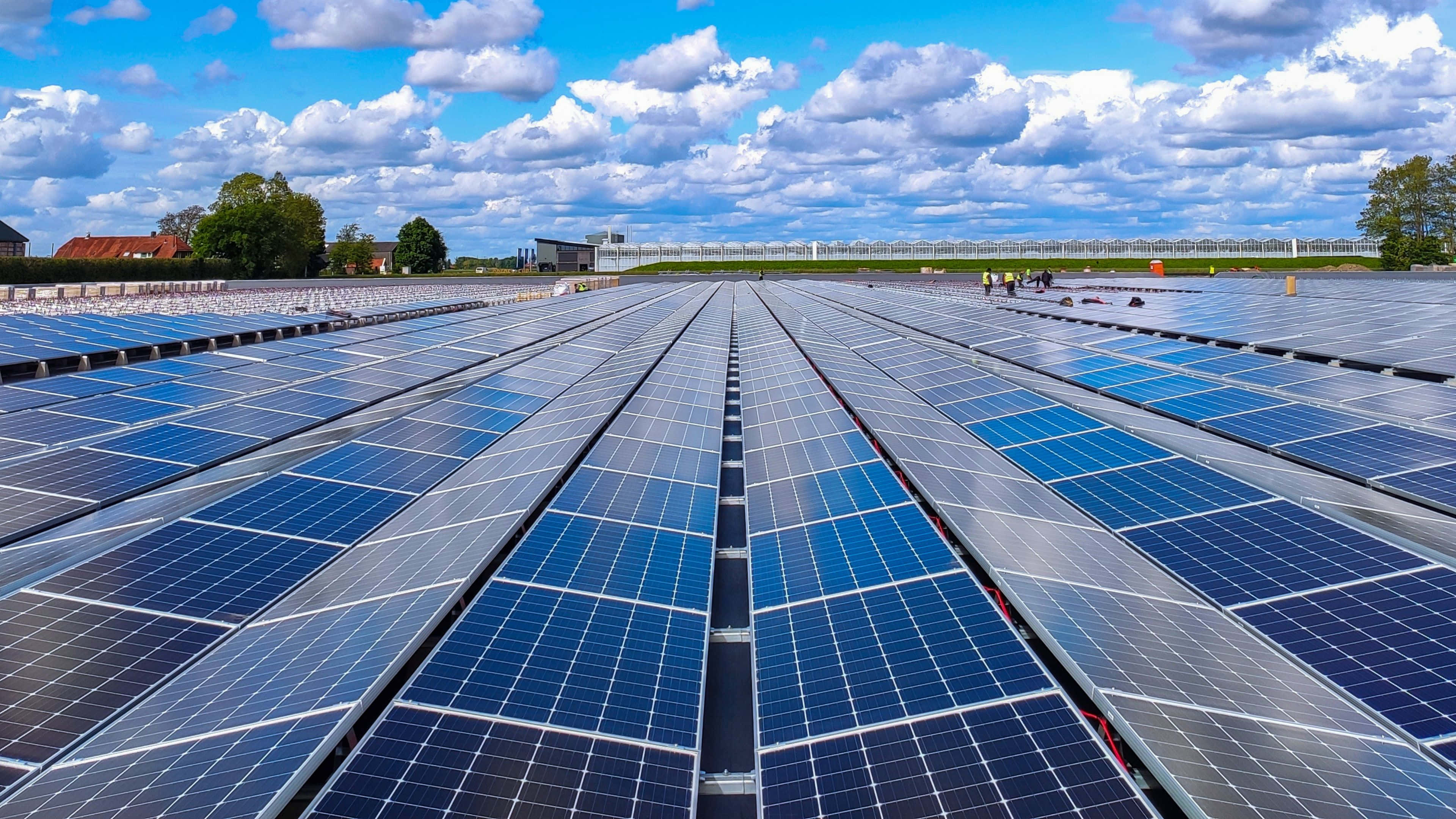 Solar Panel 桌布 壁紙 — 一排排藍色太陽能板向著晴朗藍天延伸，天空中有蓬鬆的白雲。