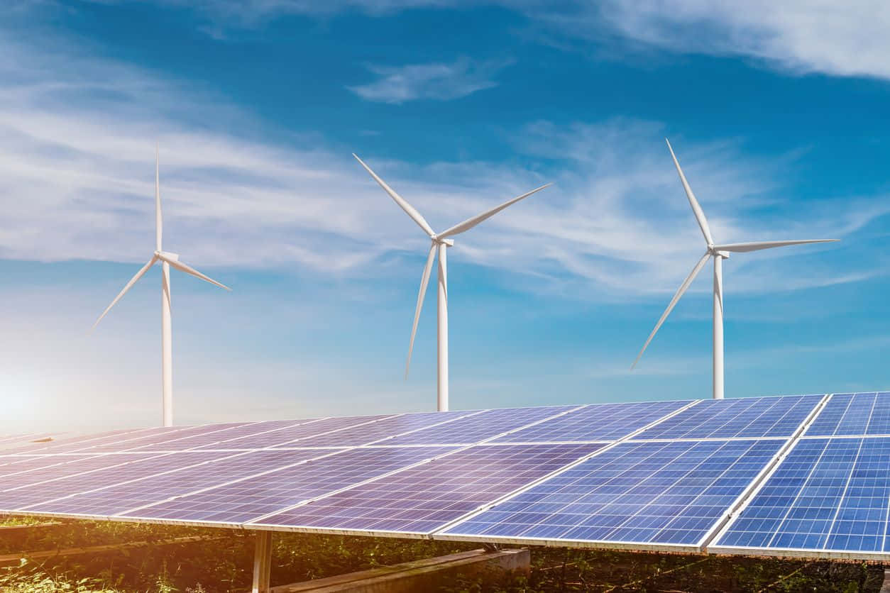Renewable Energy 桌布 壁紙 — 一排排藍色太陽能板在明亮的藍天下延伸穿過田野，遠處有三座白色風力發電機高高聳立。