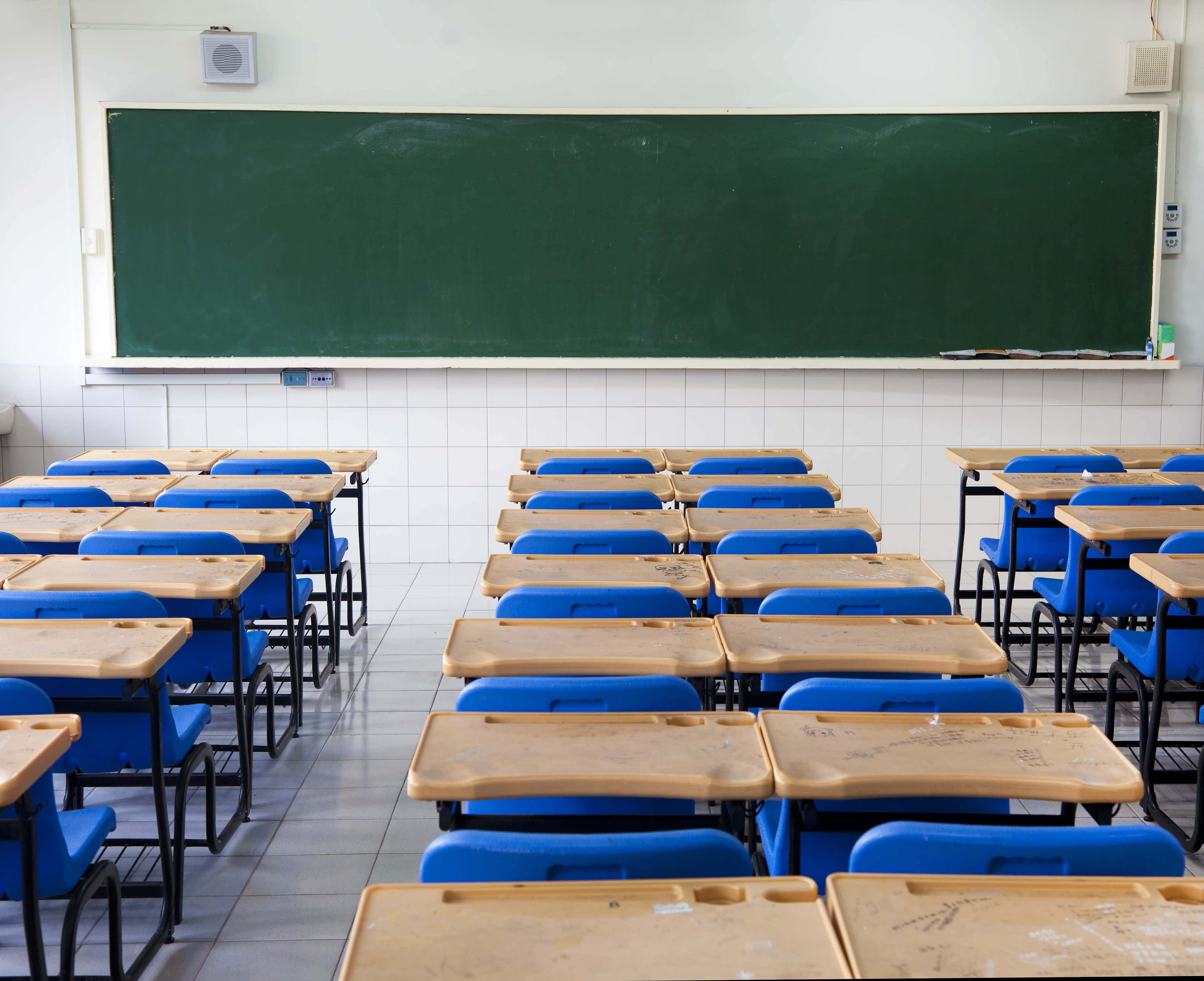 School Photo 桌布 壁紙 — 一排排藍色椅子和木製書桌面向一個大型綠色黑板，位於一個白色磁磚牆壁的空教室中。