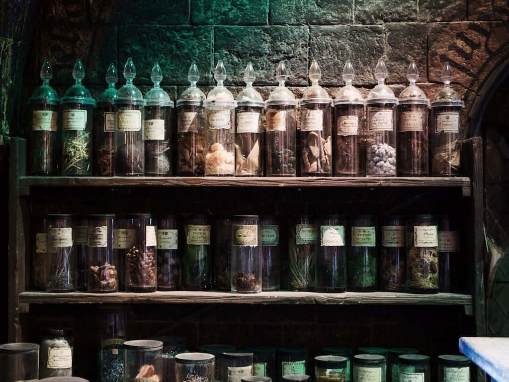 The Hogwarts Potions Class 桌布 壁紙 — 一排排裝滿乾燥香草和植物的玻璃罐，放在質樸的木架上，背景是長滿苔蘚的石牆。