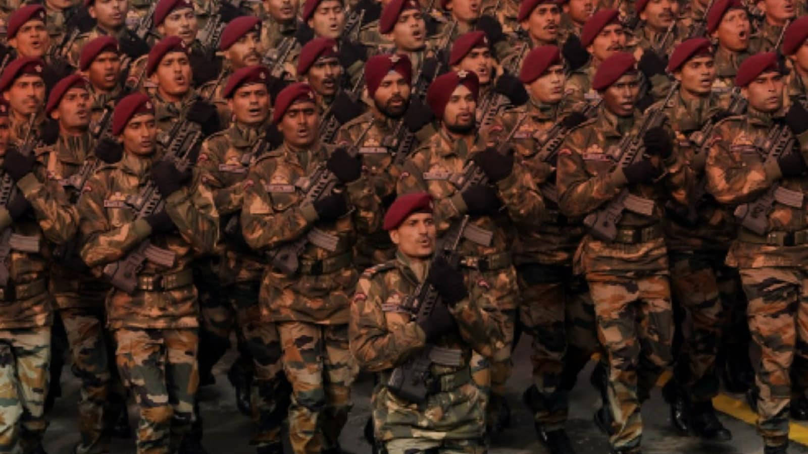 身穿制服和頭巾的印度士兵持步槍列隊。 — 軍隊 壁紙
