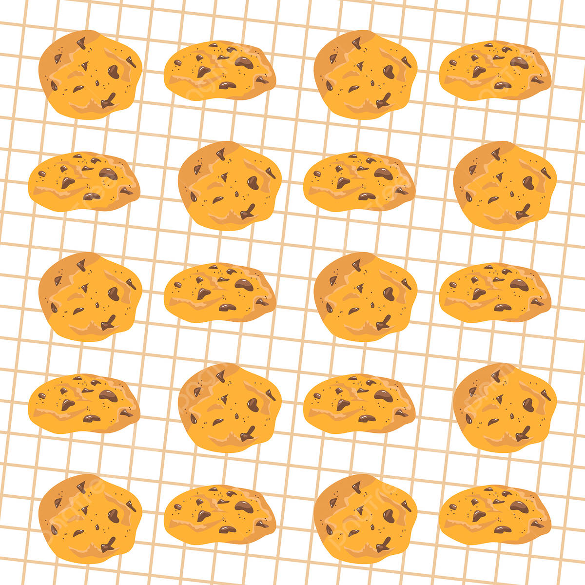 Cartoon Cookie 桌布 壁紙 — 一排排金黃色的巧克力餅乾放在淺米色的冷卻架上，背景為白色。